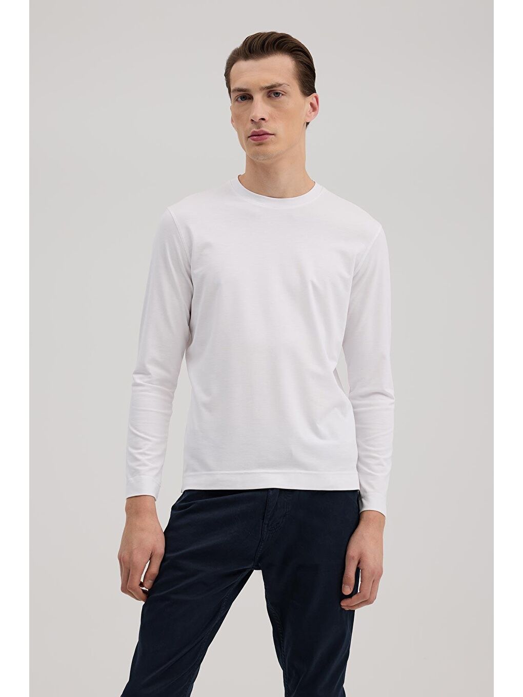 Beyaz Slim Fit Bisiklet Yaka Rayon Uzun Kollu Basic T-Shirt-1
