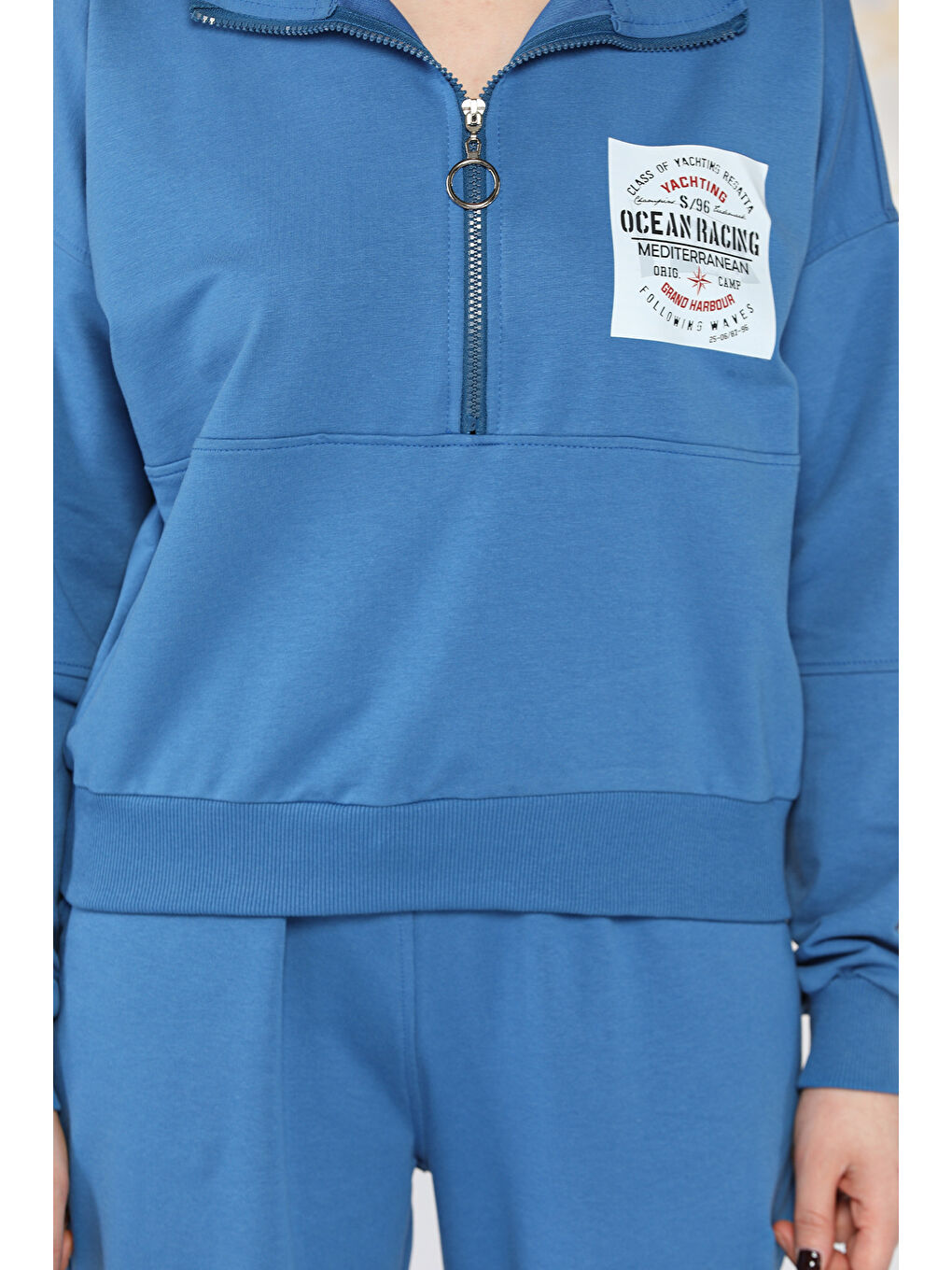 Mavi Kadın Dik Yaka Yarım Fermuarlı Sweat Pantolon Eşofman Takımı-3