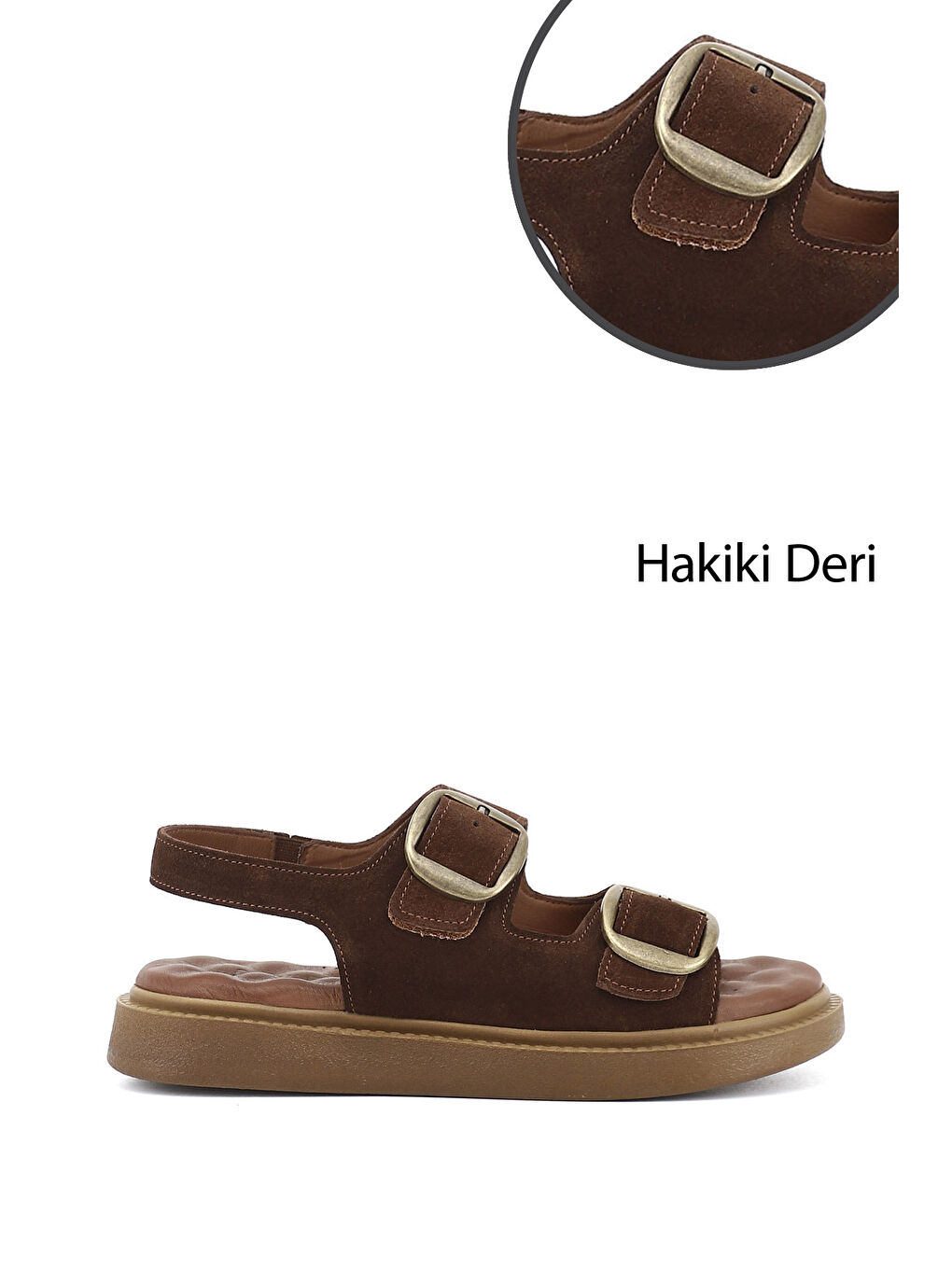 Kahverengi Kadın AÇIK KAHVERENGİ Cırtlı Tokalı Dolgu Taban Hakiki Deri Comfort Sandalet-2
