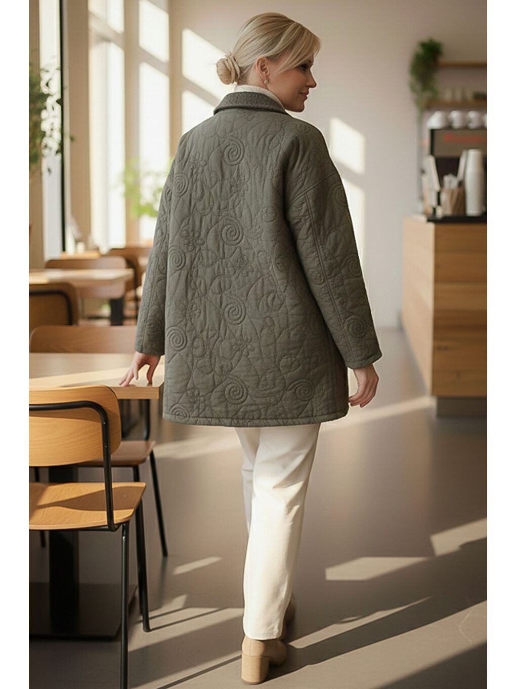 İtalyan Haki Ceket Yaka Uzun Kol Düğmeli Allover Nakışlı Kapitone Oversize Dokuma Ceket 78 70-3