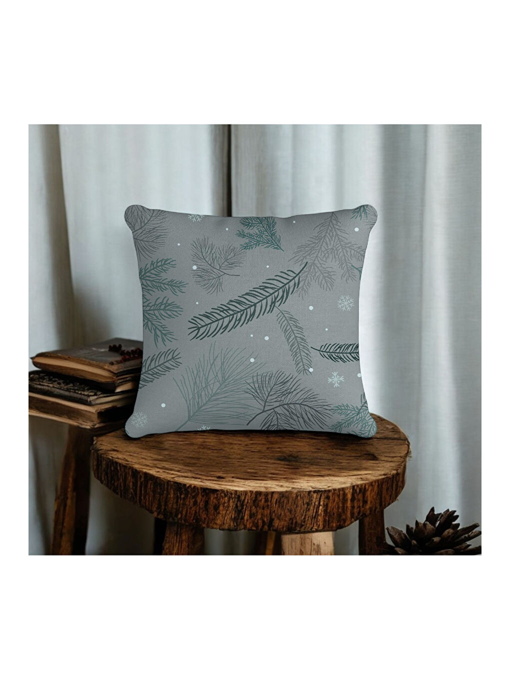 Yılbaşı Temalı Tüy Yaprak Desenli Kırlent Kılıfı - Antrasit 43x43