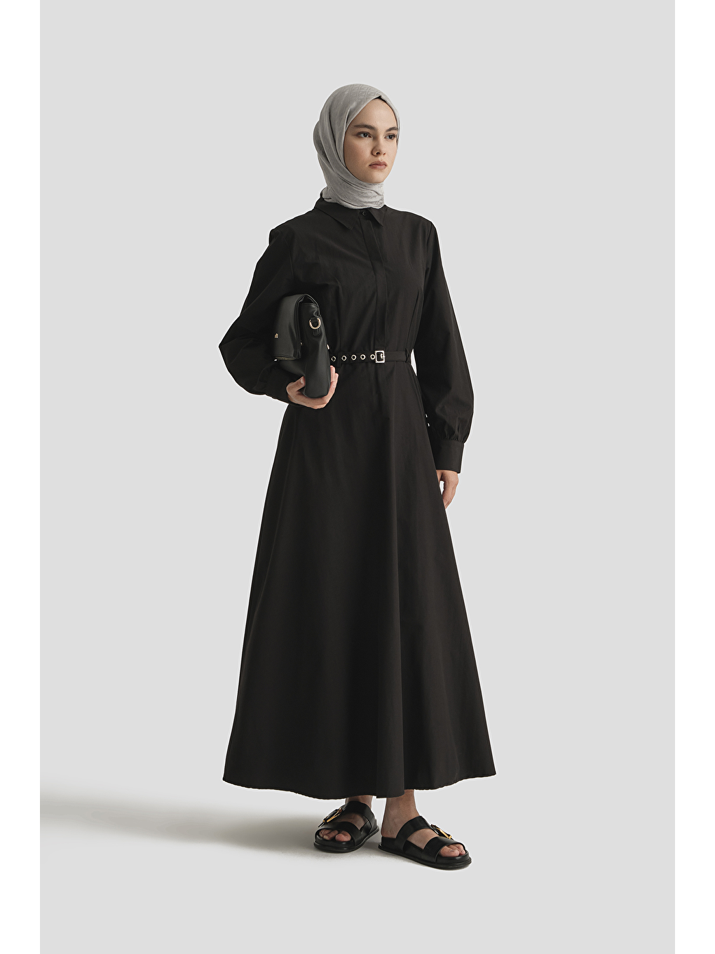 Kemer Detaylı Pamuk Elbise Siyah-2