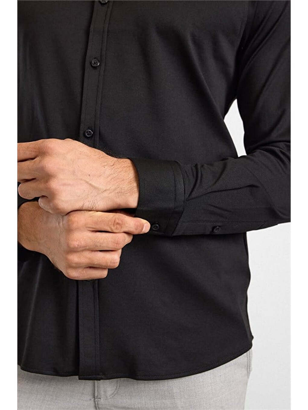 Siyah Slim Düğmeli Yaka Manşetli Casual Gömlek-2