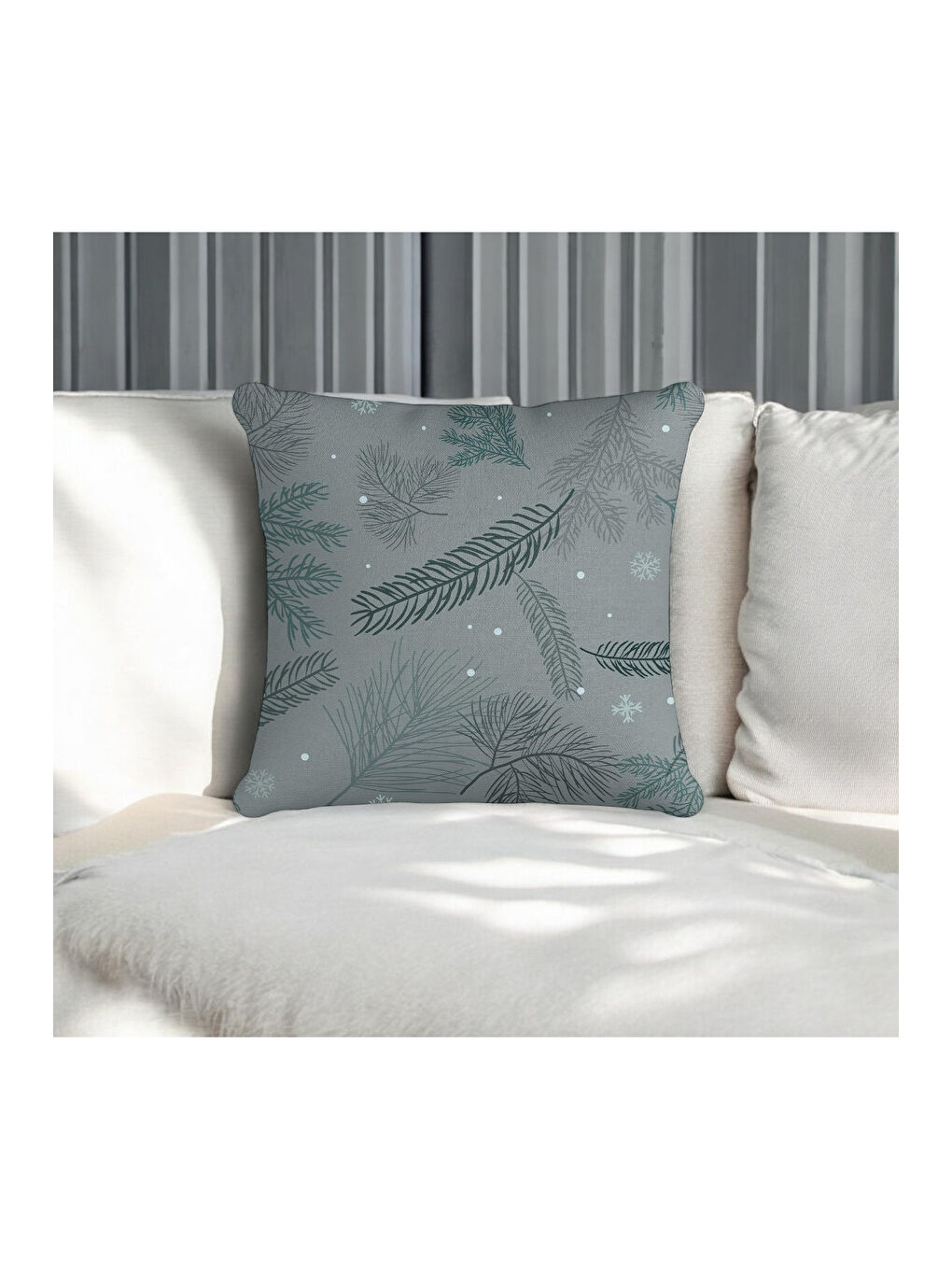 Yılbaşı Temalı Tüy Yaprak Desenli Kırlent Kılıfı - Antrasit 43x43-1