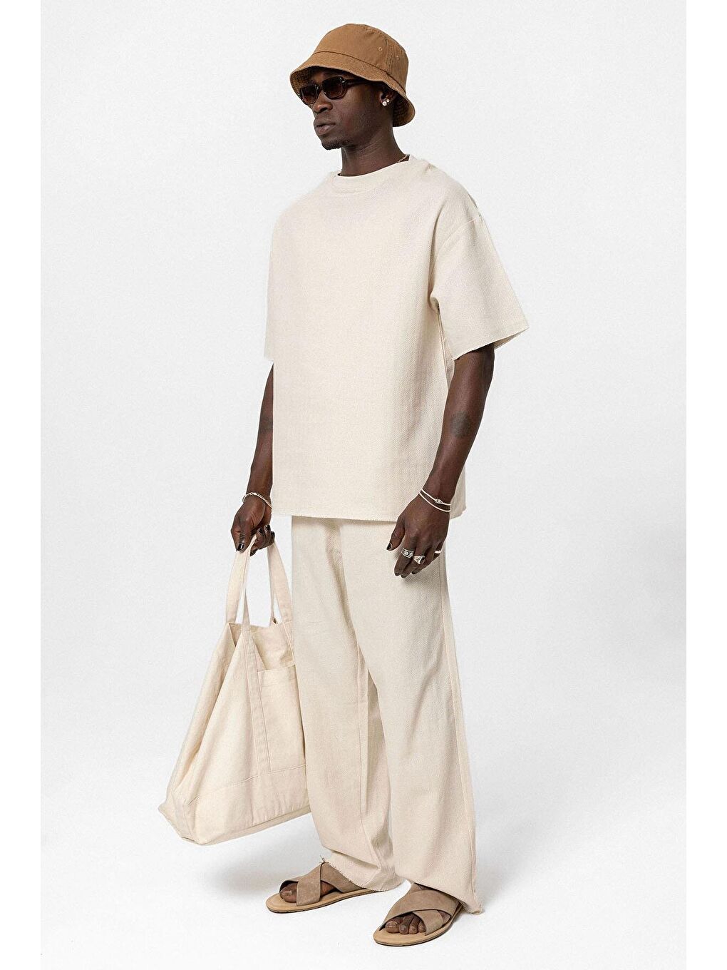 Basıc Oversize Keten Takım Bej-1