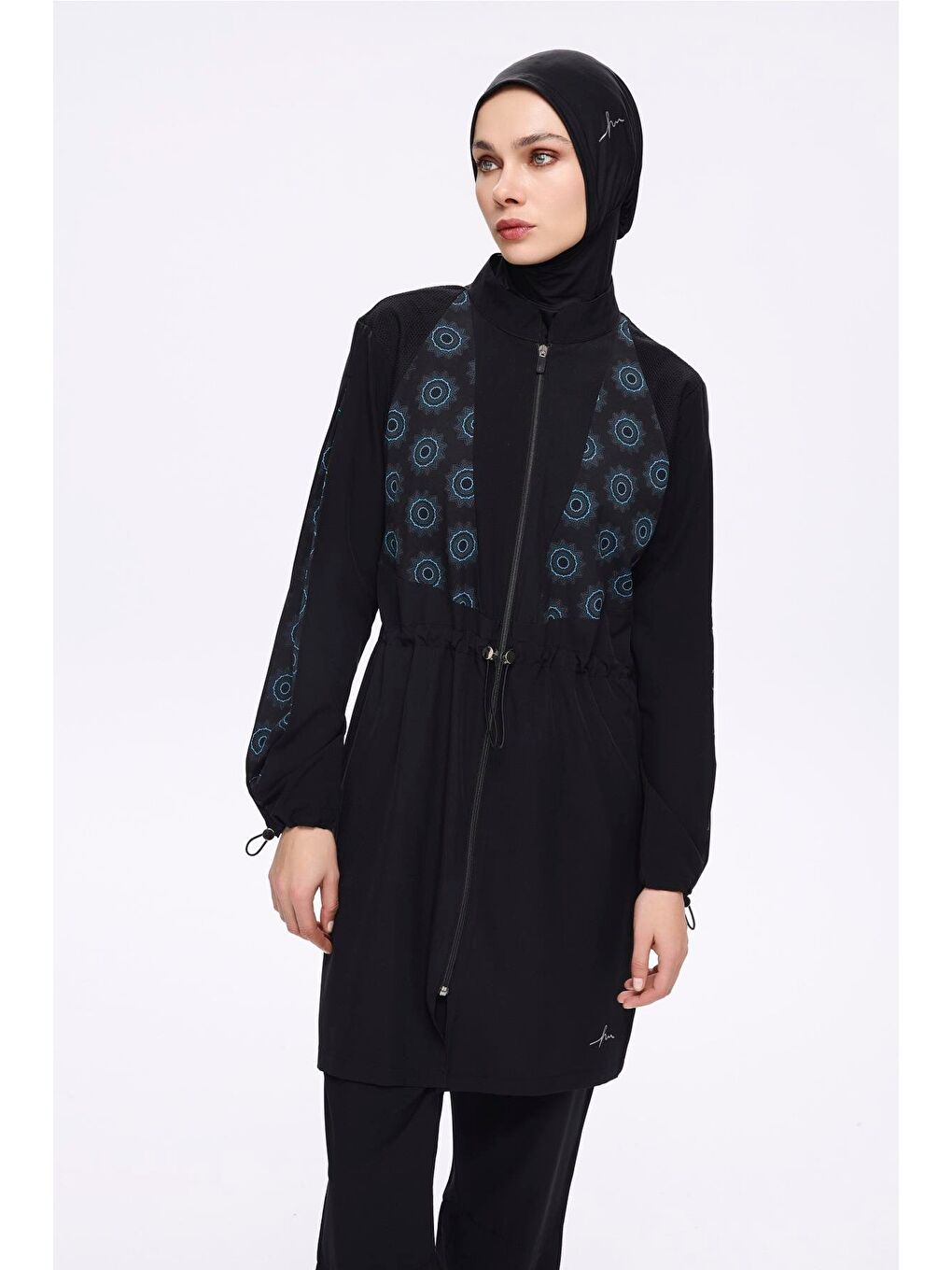 Anadolu Koleksiyonu Desenli Siyah Esnek Dokuma 6 Parça Tam Tesettür Mayo Takımı 5023-1