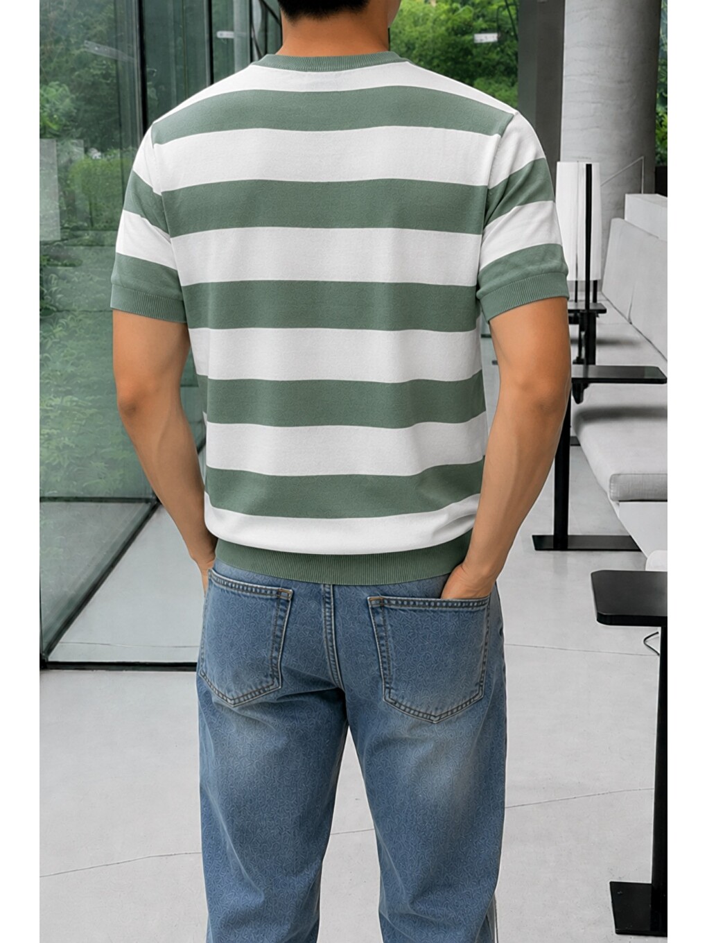 Yeşil Erkek Çizgili Triko Tişört Bisiklet Yaka Slim Fit Yazlık İnce Dokulu-2