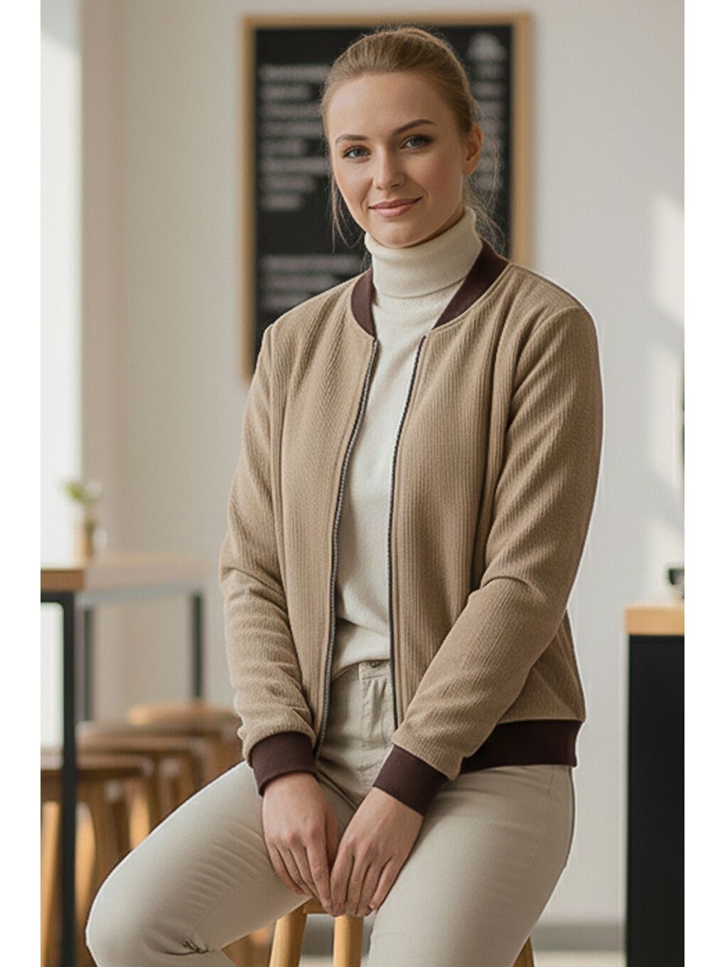 İtalyan Bej Bomber Yaka Manşetli Kollu Fermuarlı Cepsiz Astarsız Kadife Dokuma Bomber Ceket 68 65