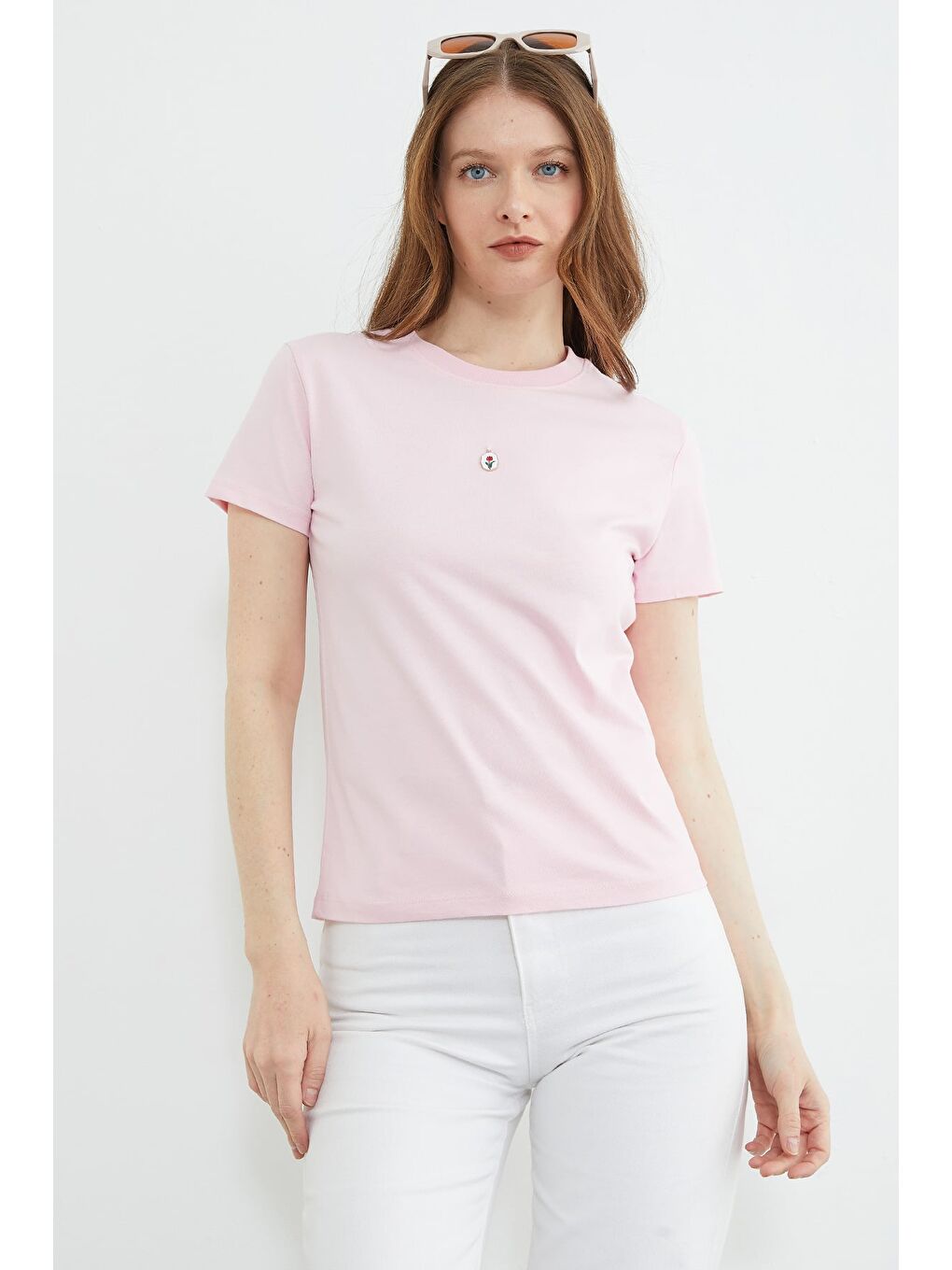 Pembe Metal Aksesuarlı Bisiklet Yaka Tişört-1