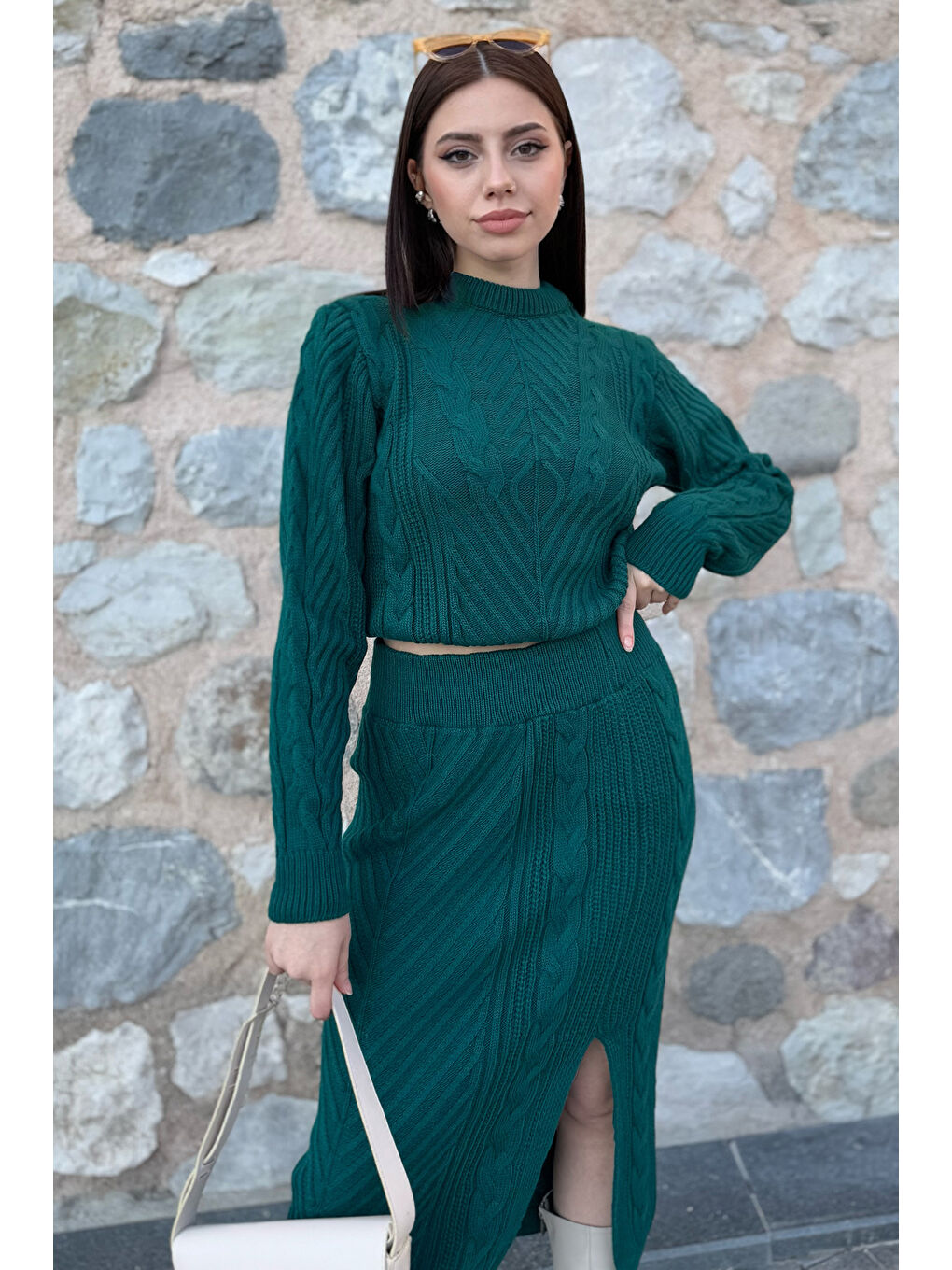 Yeşil Kadın Örme Triko Bluz Etek İkili Takım-1