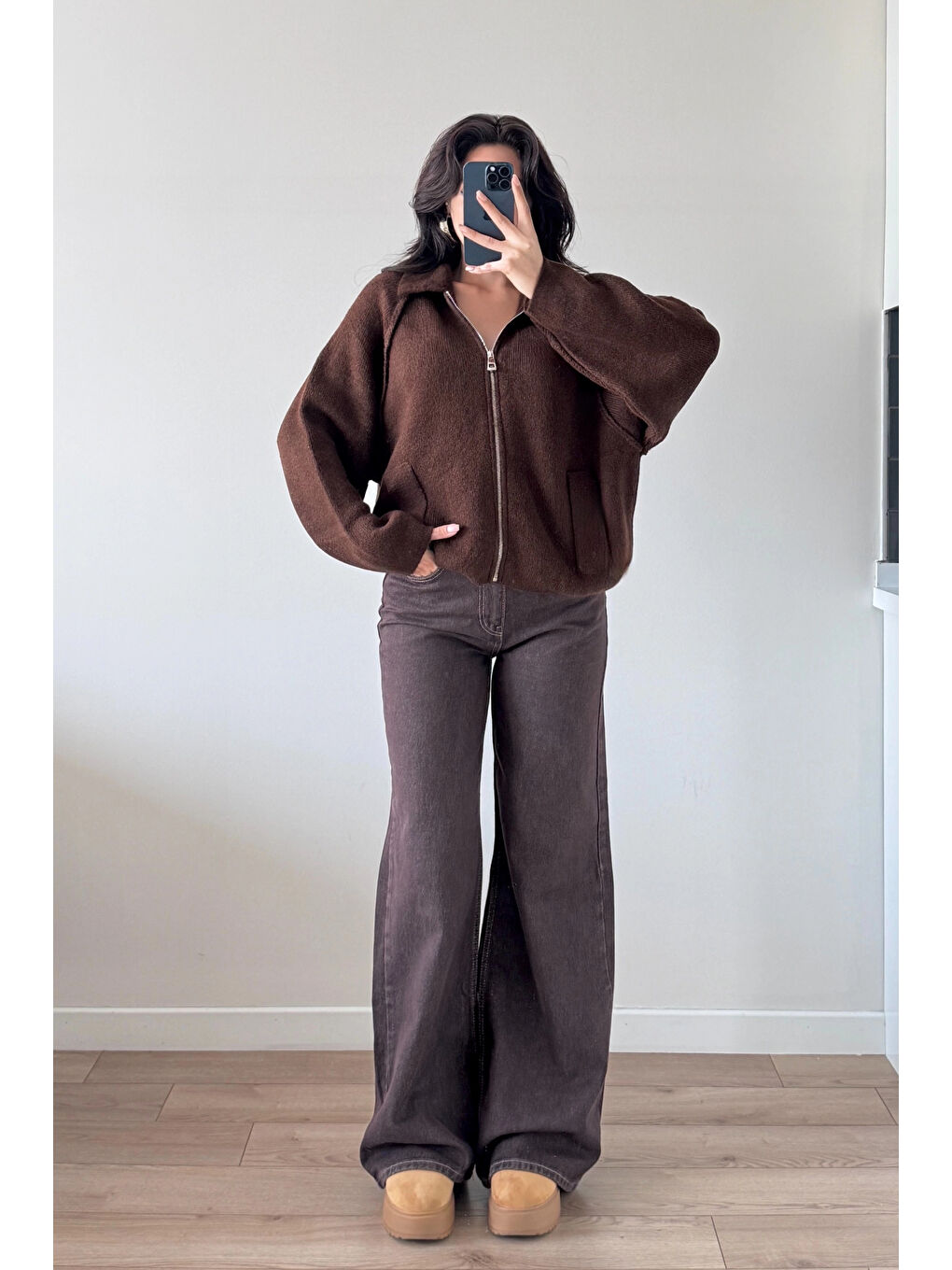 Kahverengi Kadın Kahve Fermuarlı Oversize Hırka 1014-2381-3