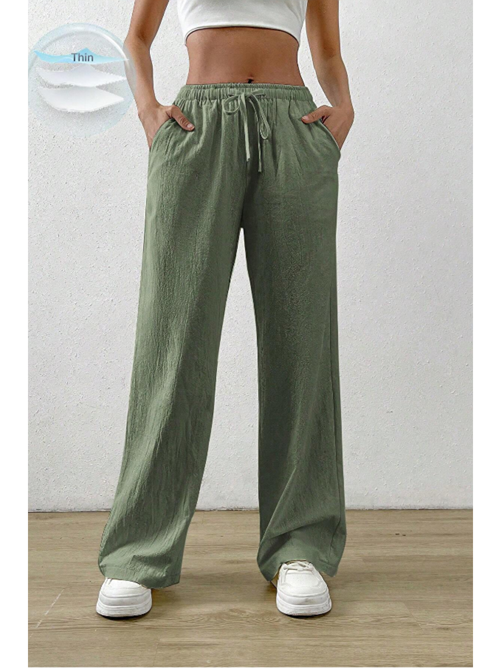 Açık Haki Bol Paça Müslin Kadın Pantolon-3