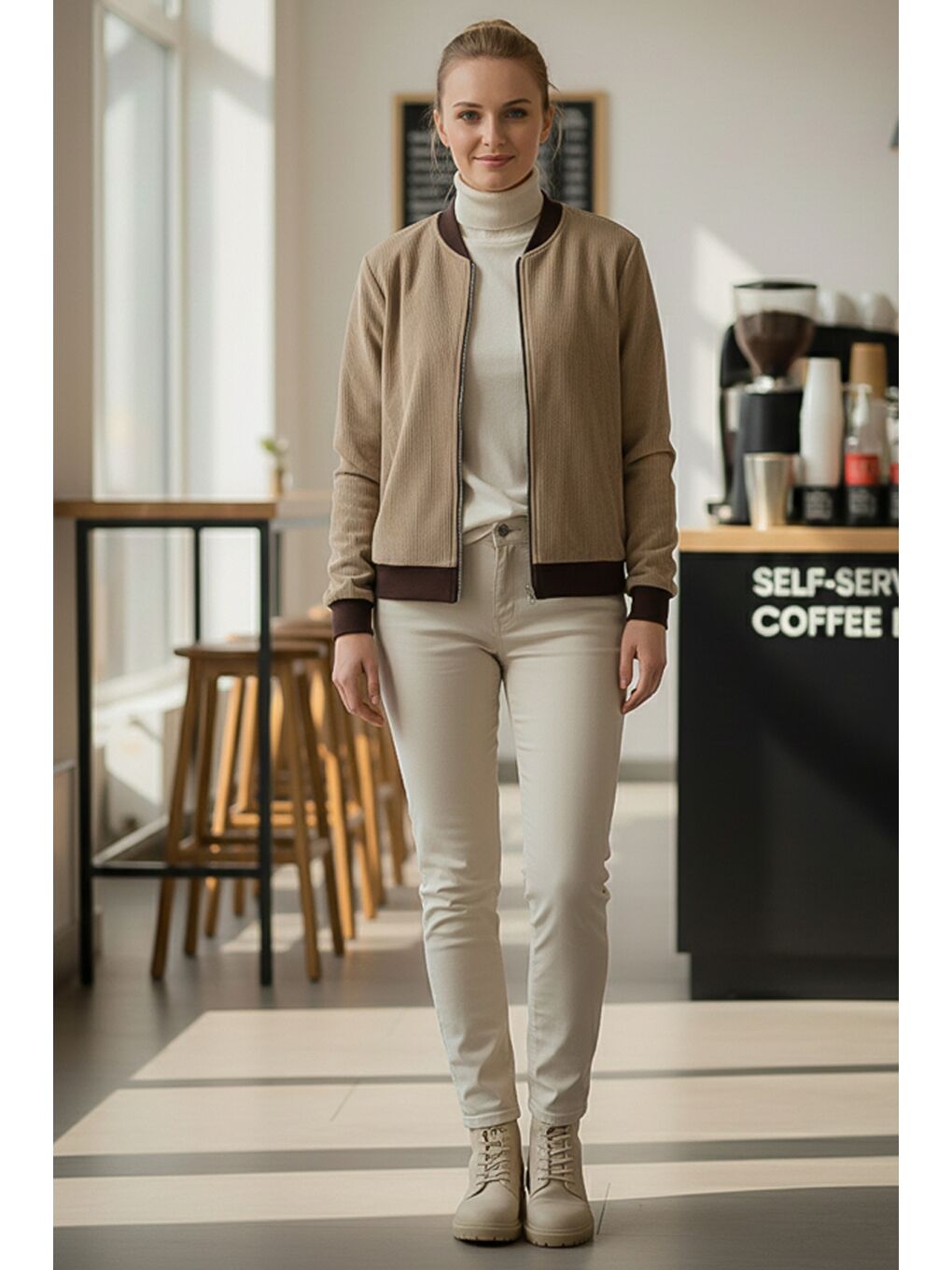 İtalyan Bej Bomber Yaka Manşetli Kollu Fermuarlı Cepsiz Astarsız Kadife Dokuma Bomber Ceket 68 65-1