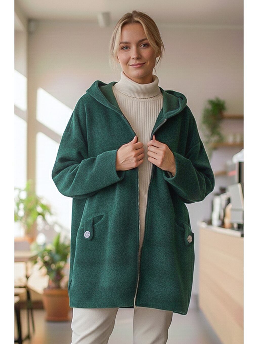 İtalyan Yeşil Kapüşonlu Uzun Kol Fermuarlı Cepli Casual Kadife Oversize Dokuma Ceket 0 0-1