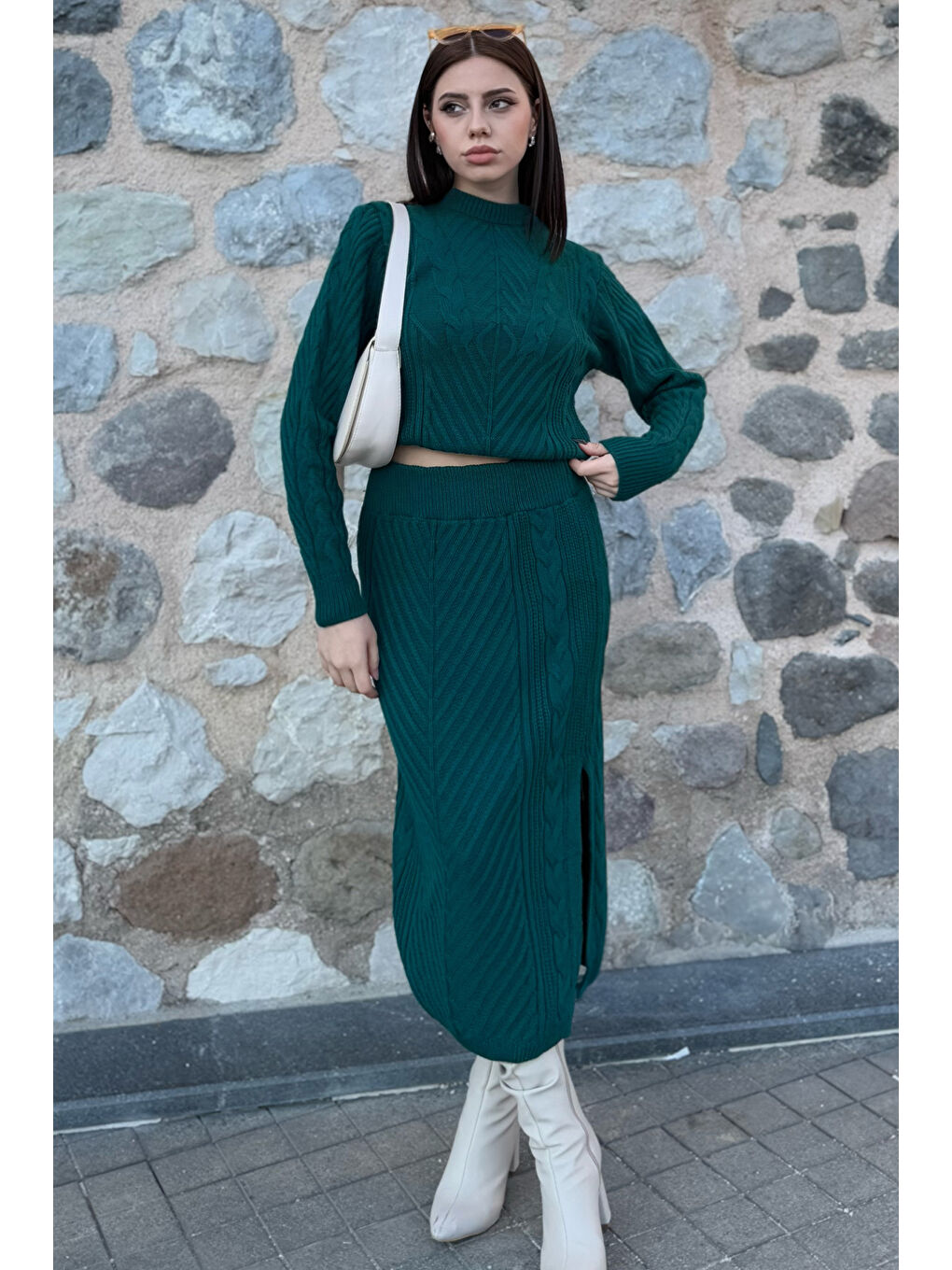Yeşil Kadın Örme Triko Bluz Etek İkili Takım-2