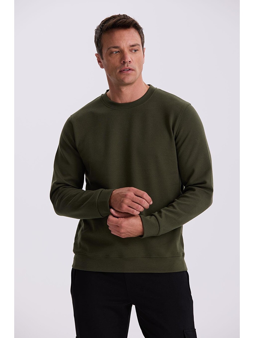 Haki Slim Fit Bisiklet Yaka Basic Pamuklu Elastanlı Sweatshirt