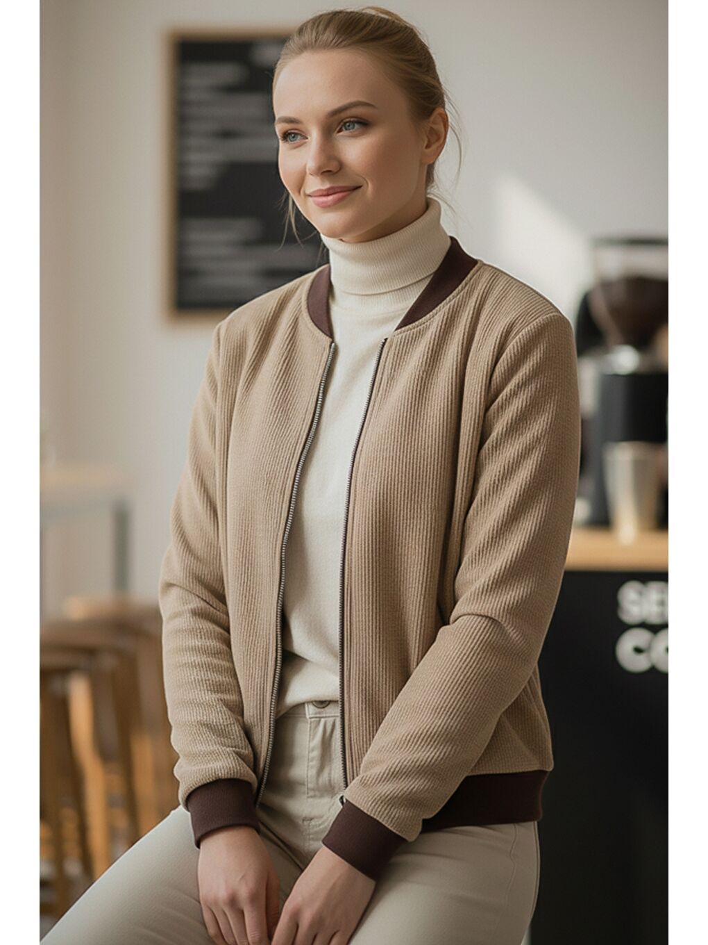 İtalyan Bej Bomber Yaka Manşetli Kollu Fermuarlı Cepsiz Astarsız Kadife Dokuma Bomber Ceket 68 65-2