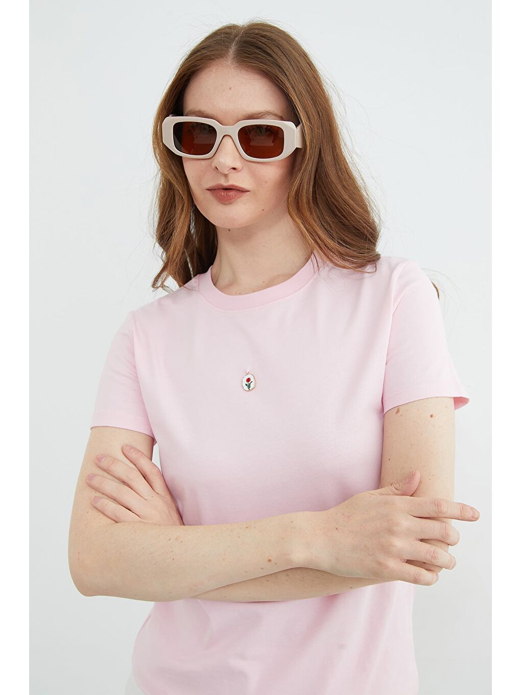 Pembe Metal Aksesuarlı Bisiklet Yaka Tişört-3