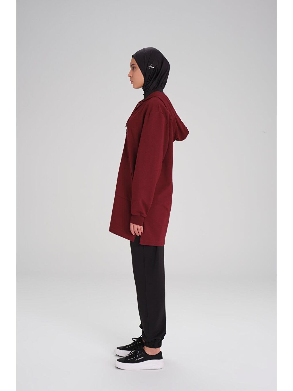 Yumuşak Dokulu Kapüşonlu Fermuarlı Bordo Basic Günlük Sweatshirt Act 15-1