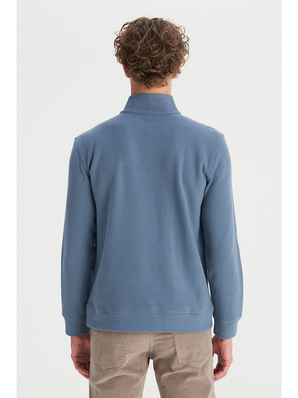 Petrol Pamuklu Regular Fit Dik Yaka Fermuarlı Selanik Örgü Sweatshirt-4