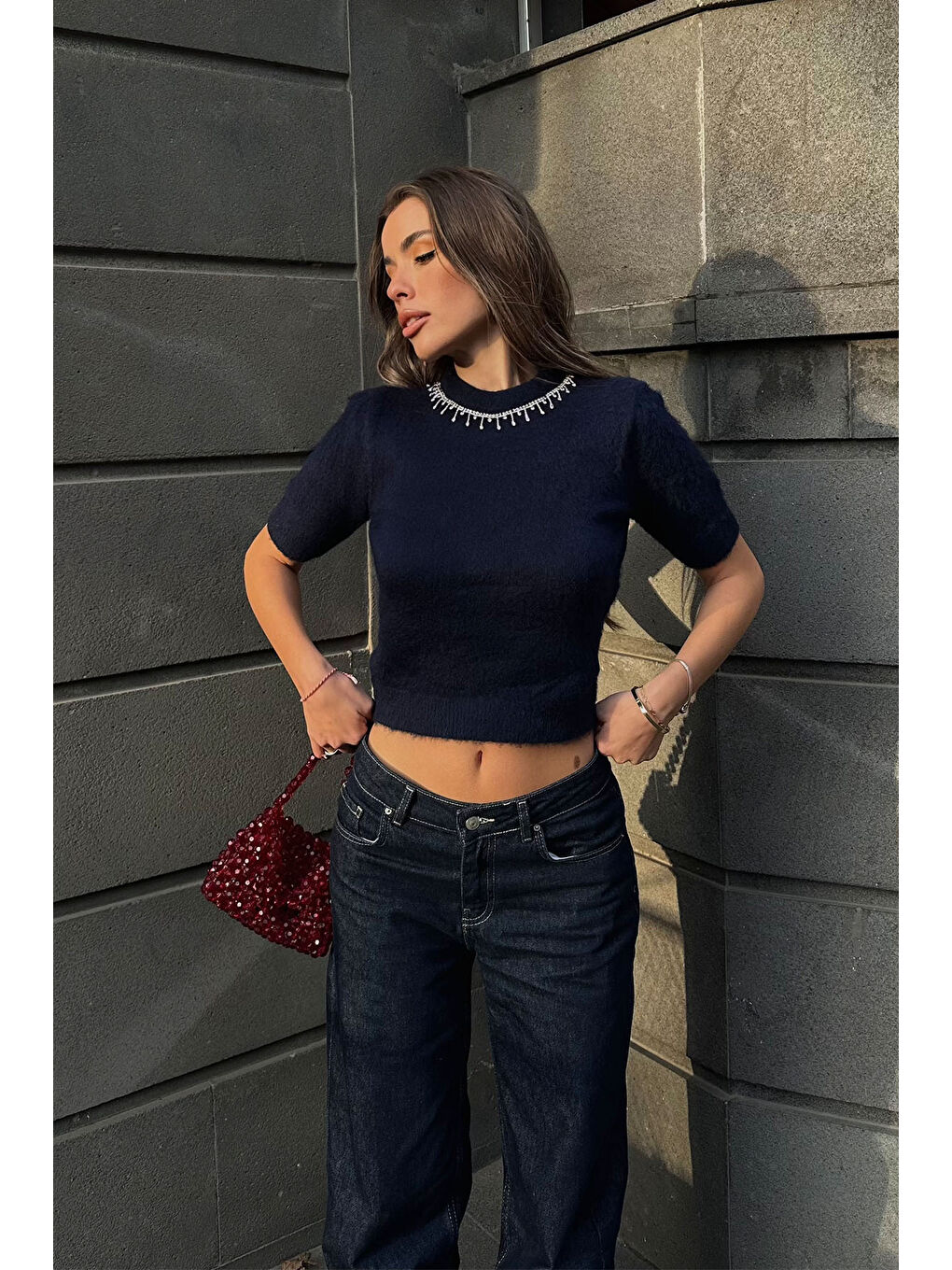 Lacivert Bisiklet Yaka Taşlı Triko Bluz 5KXK2-49083-14