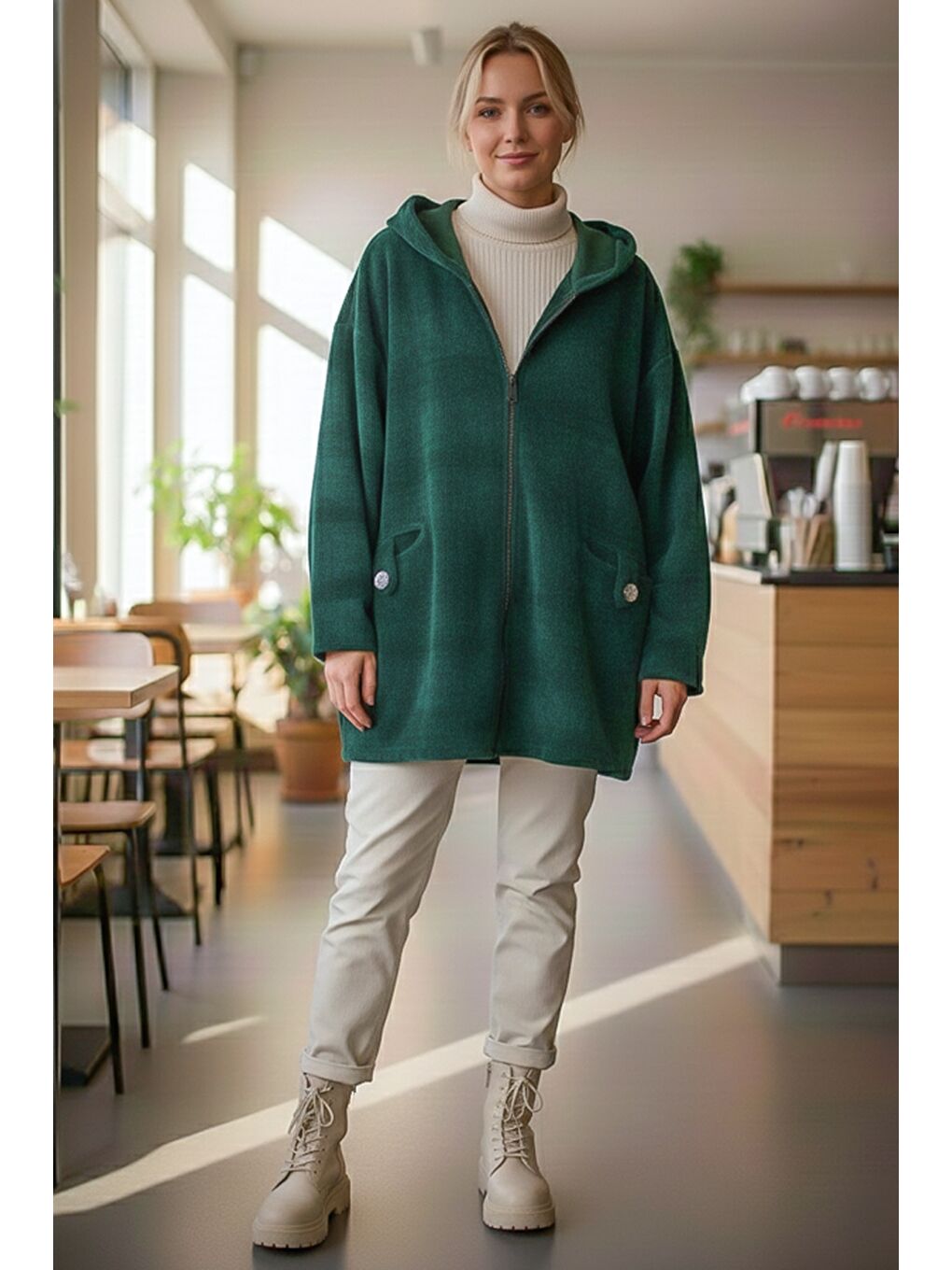 İtalyan Yeşil Kapüşonlu Uzun Kol Fermuarlı Cepli Casual Kadife Oversize Dokuma Ceket 0 0-2