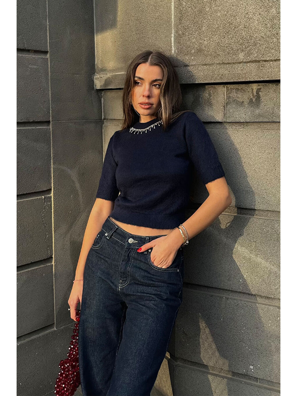 Lacivert Bisiklet Yaka Taşlı Triko Bluz 5KXK2-49083-14-1