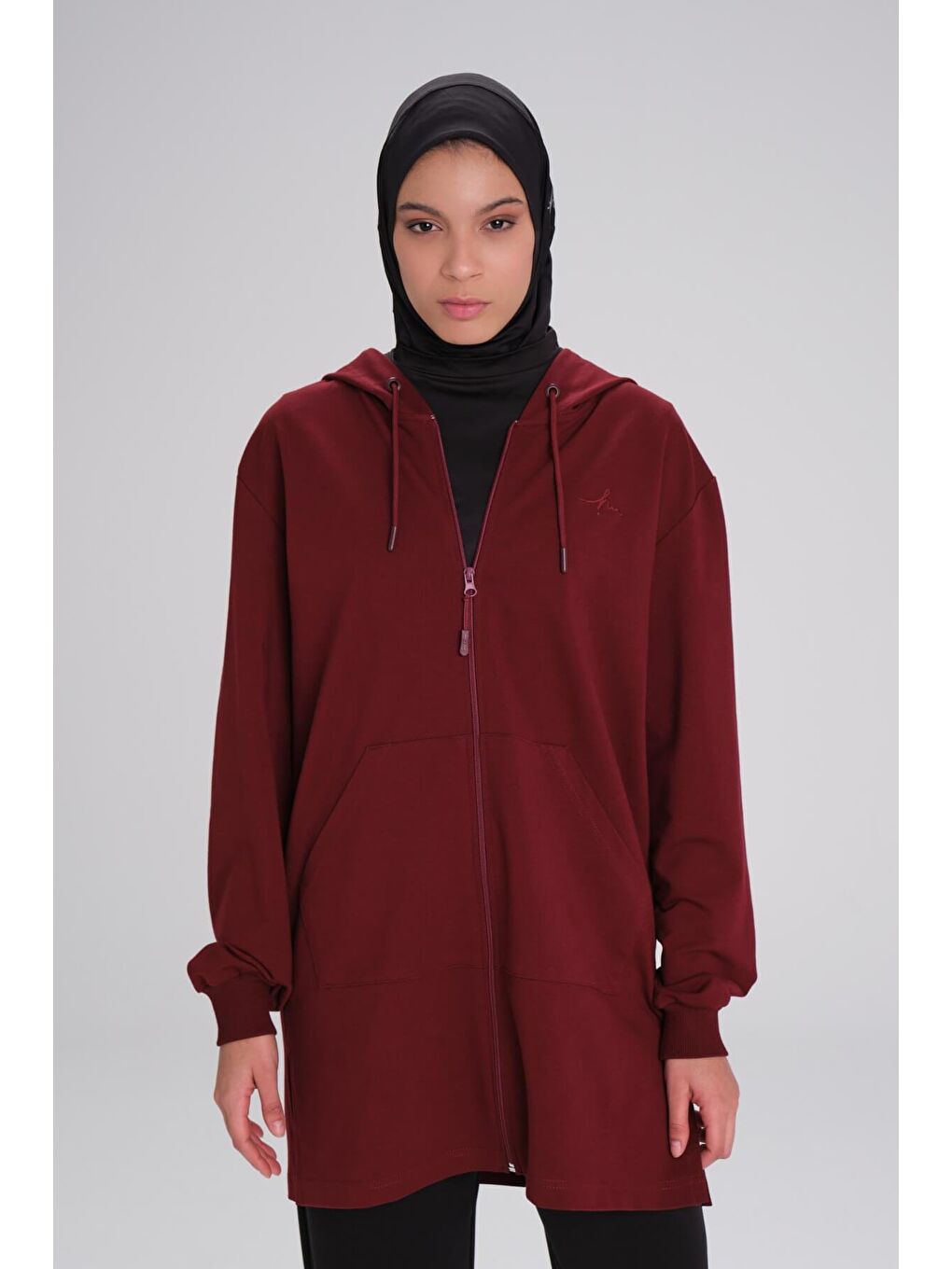Yumuşak Dokulu Kapüşonlu Fermuarlı Bordo Basic Günlük Sweatshirt Act 15-3