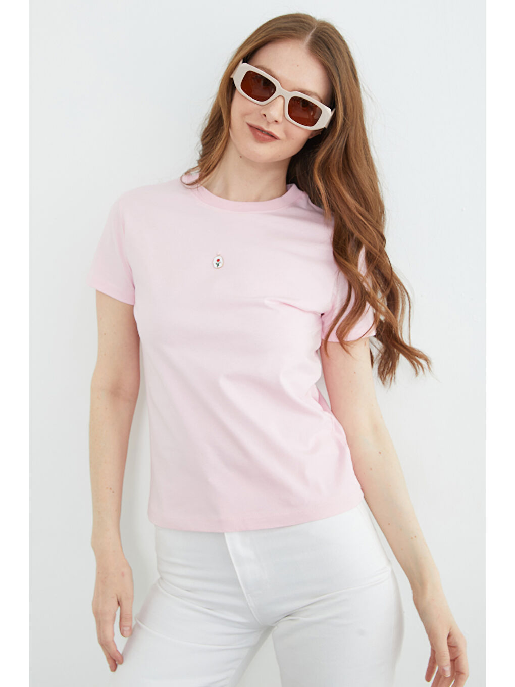 Pembe Metal Aksesuarlı Bisiklet Yaka Tişört-4