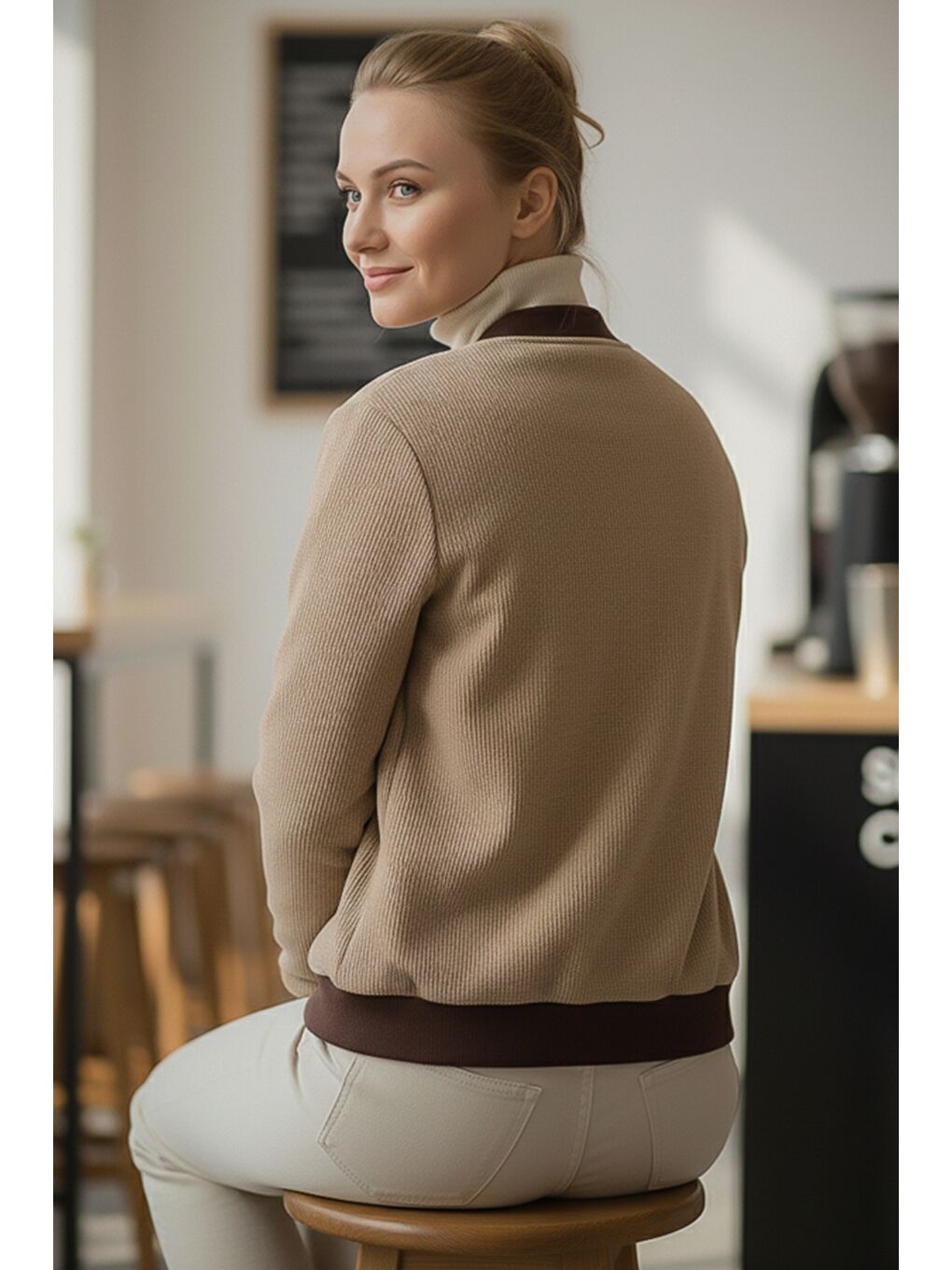 İtalyan Bej Bomber Yaka Manşetli Kollu Fermuarlı Cepsiz Astarsız Kadife Dokuma Bomber Ceket 68 65-3