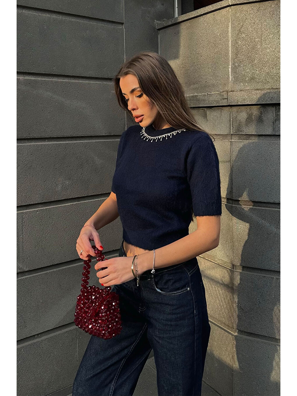 Lacivert Bisiklet Yaka Taşlı Triko Bluz 5KXK2-49083-14-2