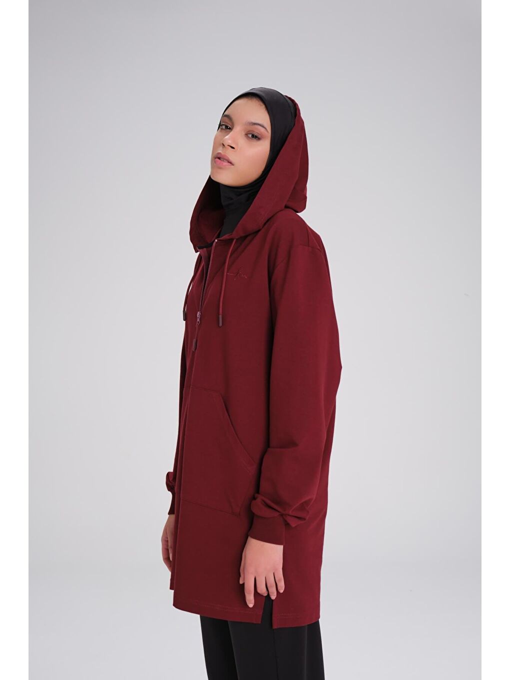Yumuşak Dokulu Kapüşonlu Fermuarlı Bordo Basic Günlük Sweatshirt Act 15-4