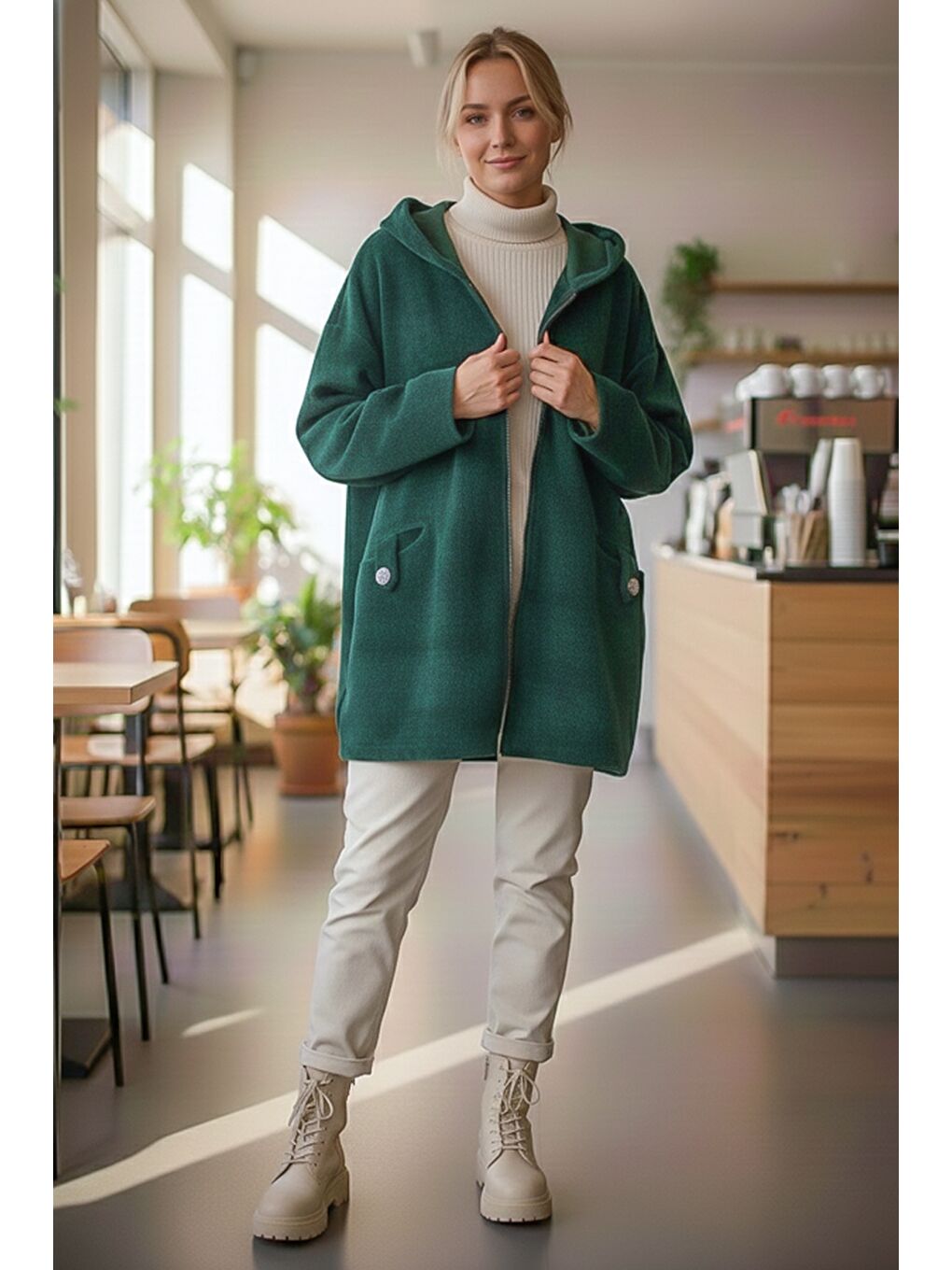 İtalyan Yeşil Kapüşonlu Uzun Kol Fermuarlı Cepli Casual Kadife Oversize Dokuma Ceket 0 0-3