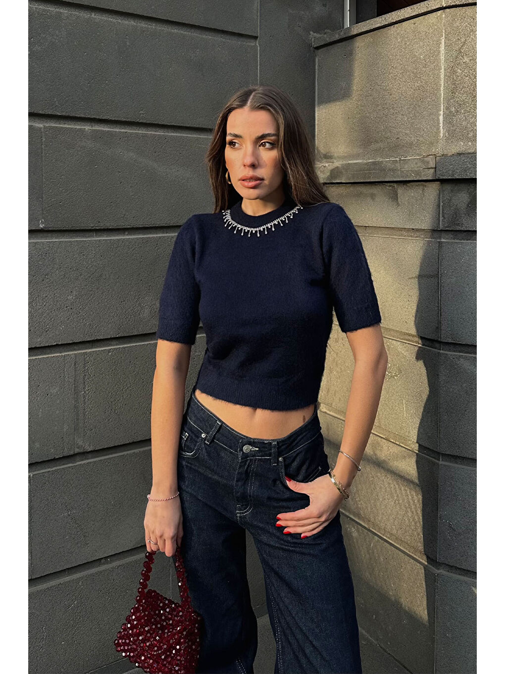 Lacivert Bisiklet Yaka Taşlı Triko Bluz 5KXK2-49083-14-3