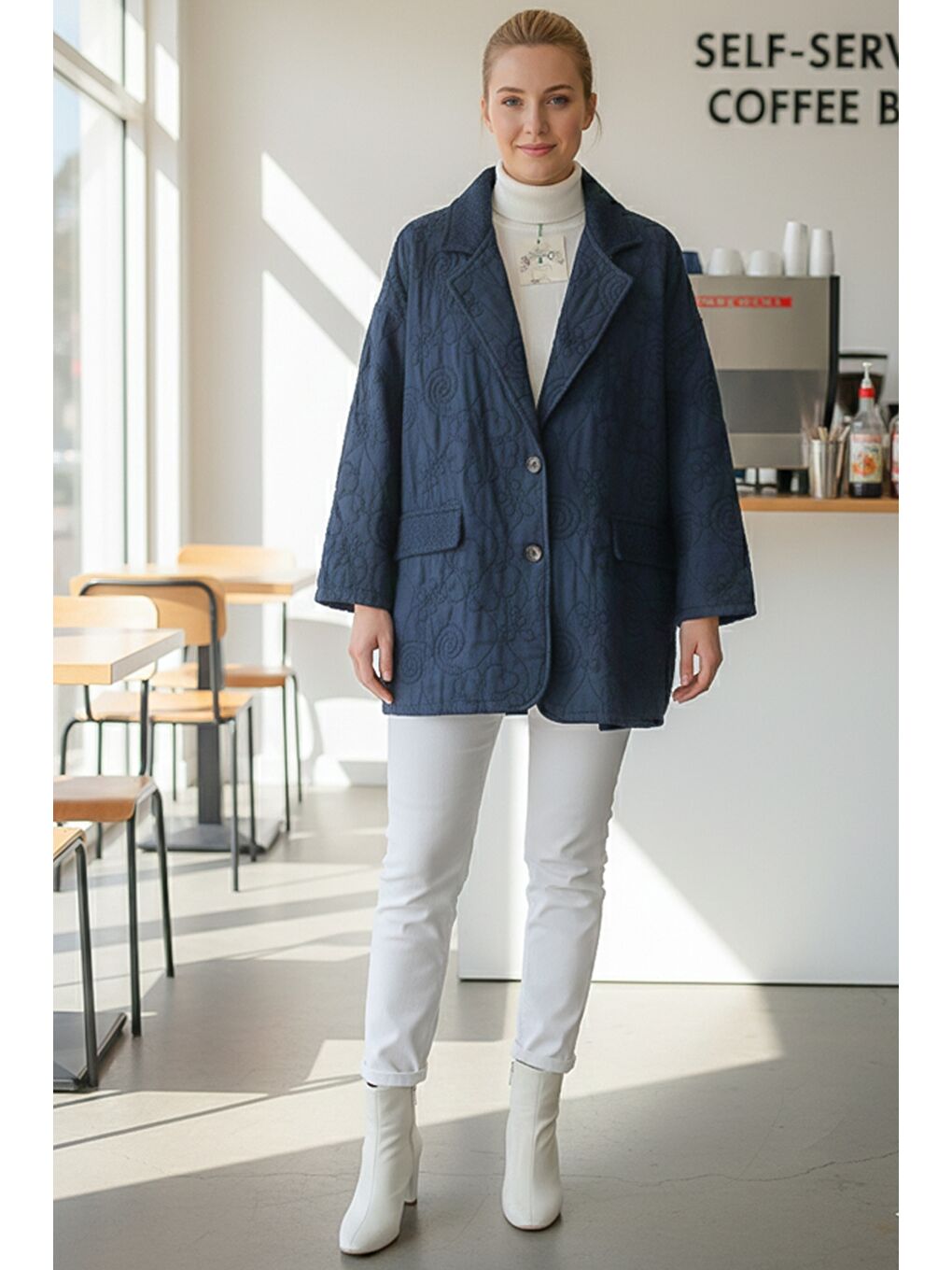 İtalyan Koyu Mavi Ceket Yaka Uzun Kol Düğmeli Allover Nakışlı Kapitone Oversize Dokuma Ceket 78 70-1