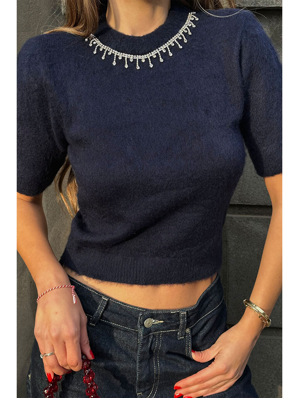 Lacivert Bisiklet Yaka Taşlı Triko Bluz 5KXK2-49083-14-4