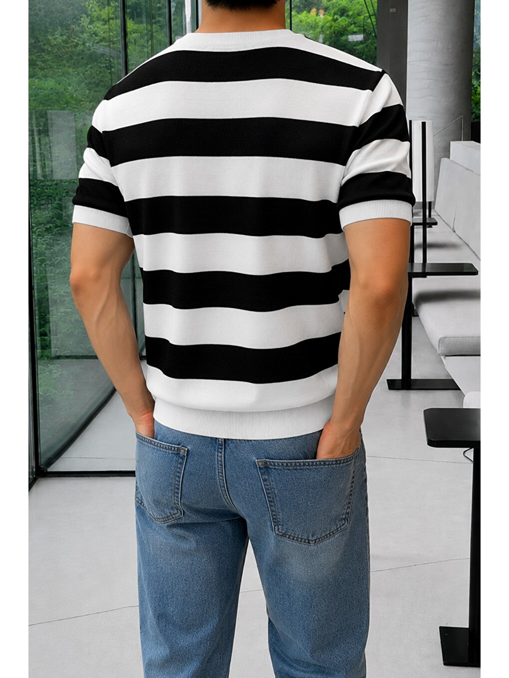 Siyah Erkek Çizgili Triko Tişört Bisiklet Yaka Slim Fit Yazlık İnce Dokulu-2