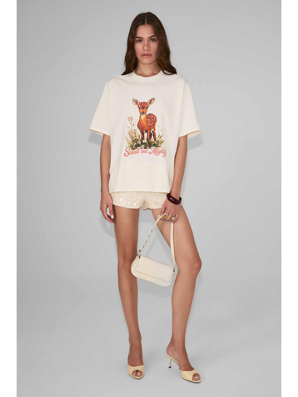 Orıstano Kadın %100 Organik Pamuklu Kalın Dokulu Oversize Fit Baskılı Ekru T-shirt-3