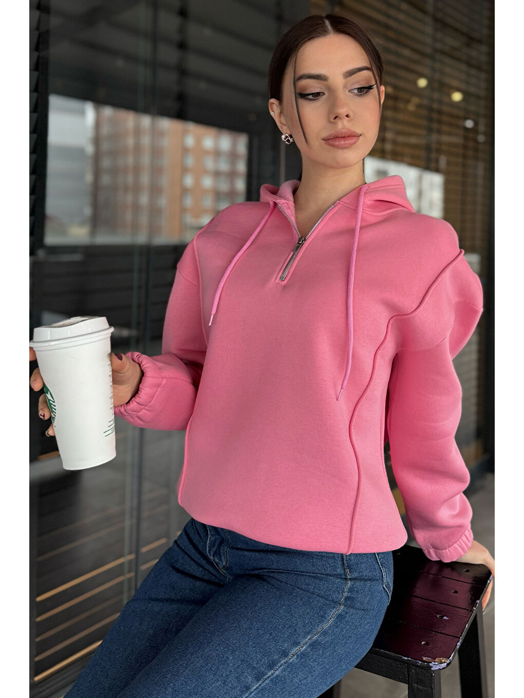 Pembe Yarım Fermuarlı Üç İplik Şardonlu Kadın Sweatshirt-1