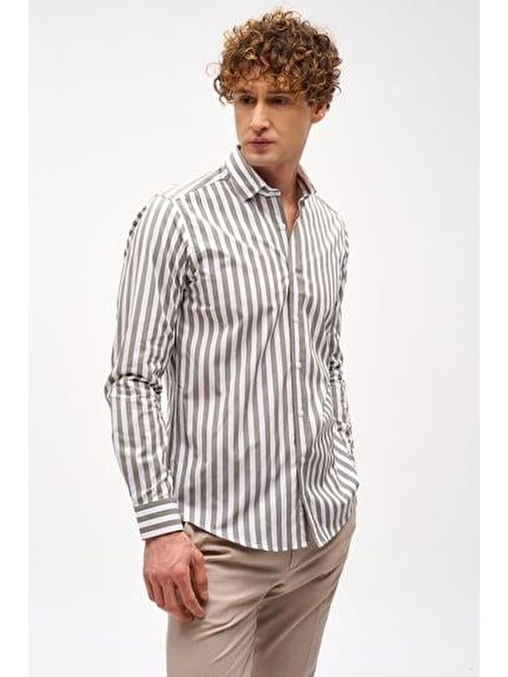 Haki Dynamic Fit Düğmeli Yaka Çizgili Uzun Kollu Cepsiz %100 Pamuk Gömlek-2