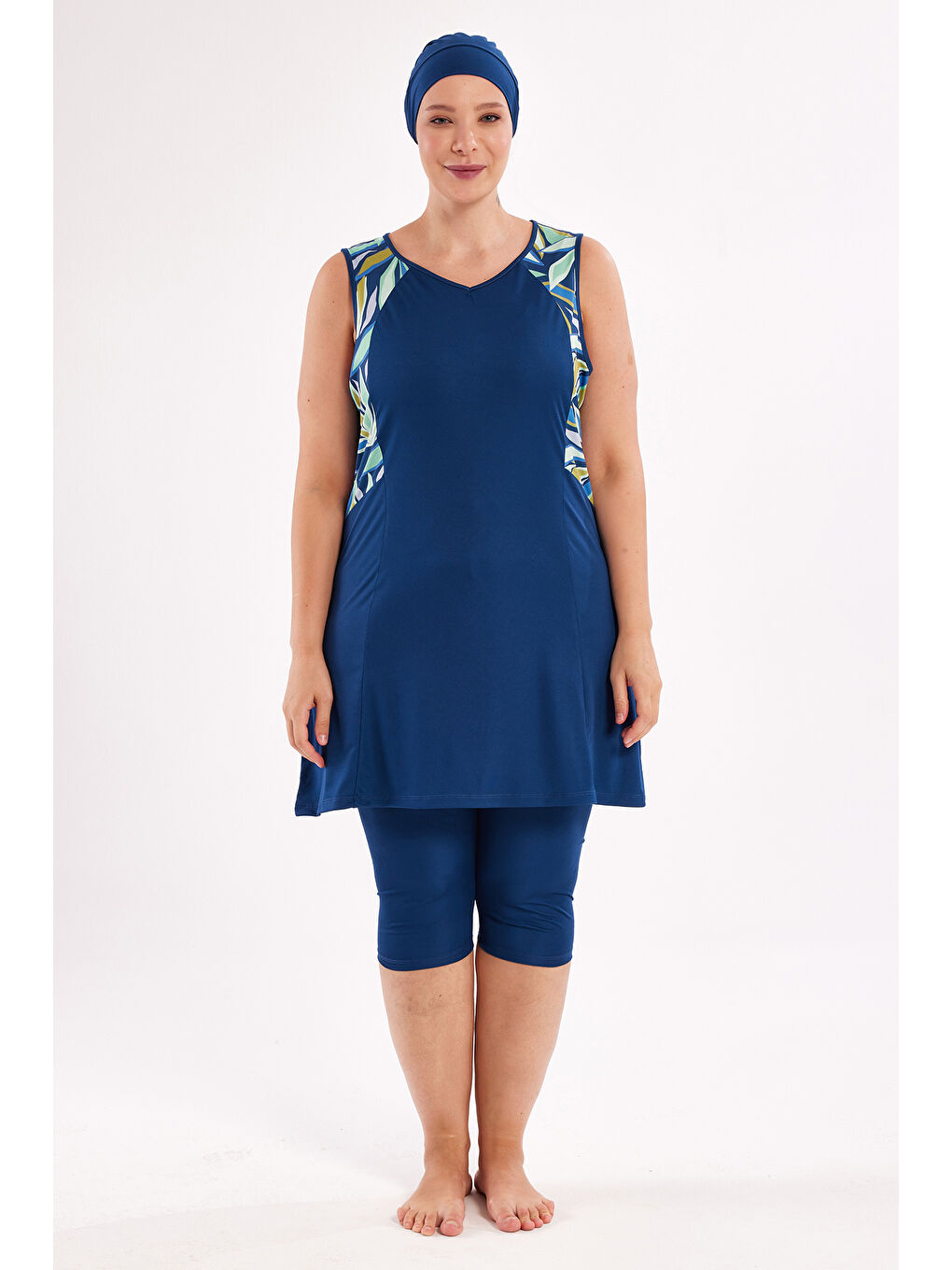 Büyük Beden Sıfır Kollu Yarı Kapalı Mayo 3806 Açık Lacivert-1