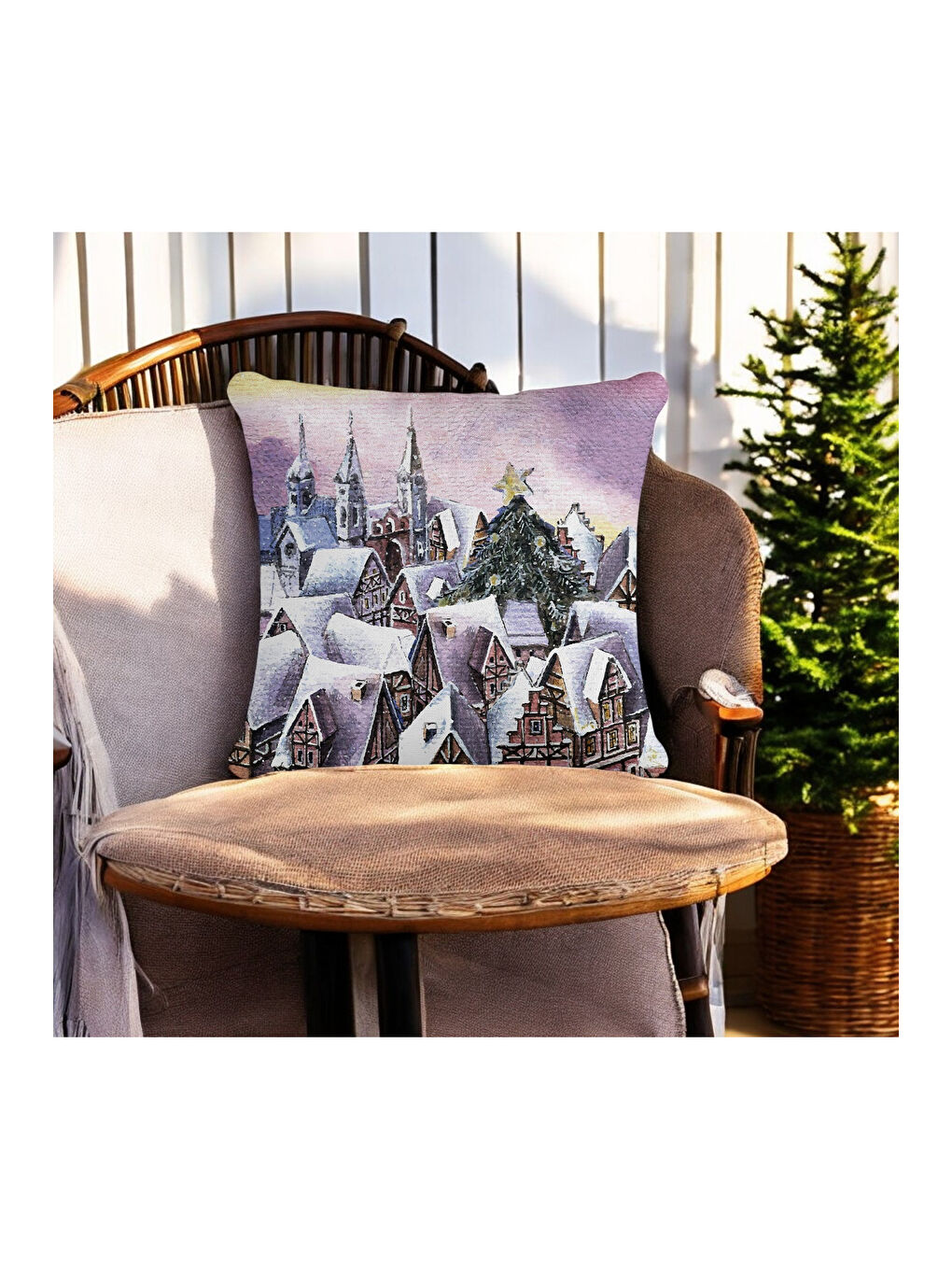 Yılbaşı Temalı Kar Kartpostal Manzaralı Dekoratif  Kırlent Kılıfı - Mor 43x43-1