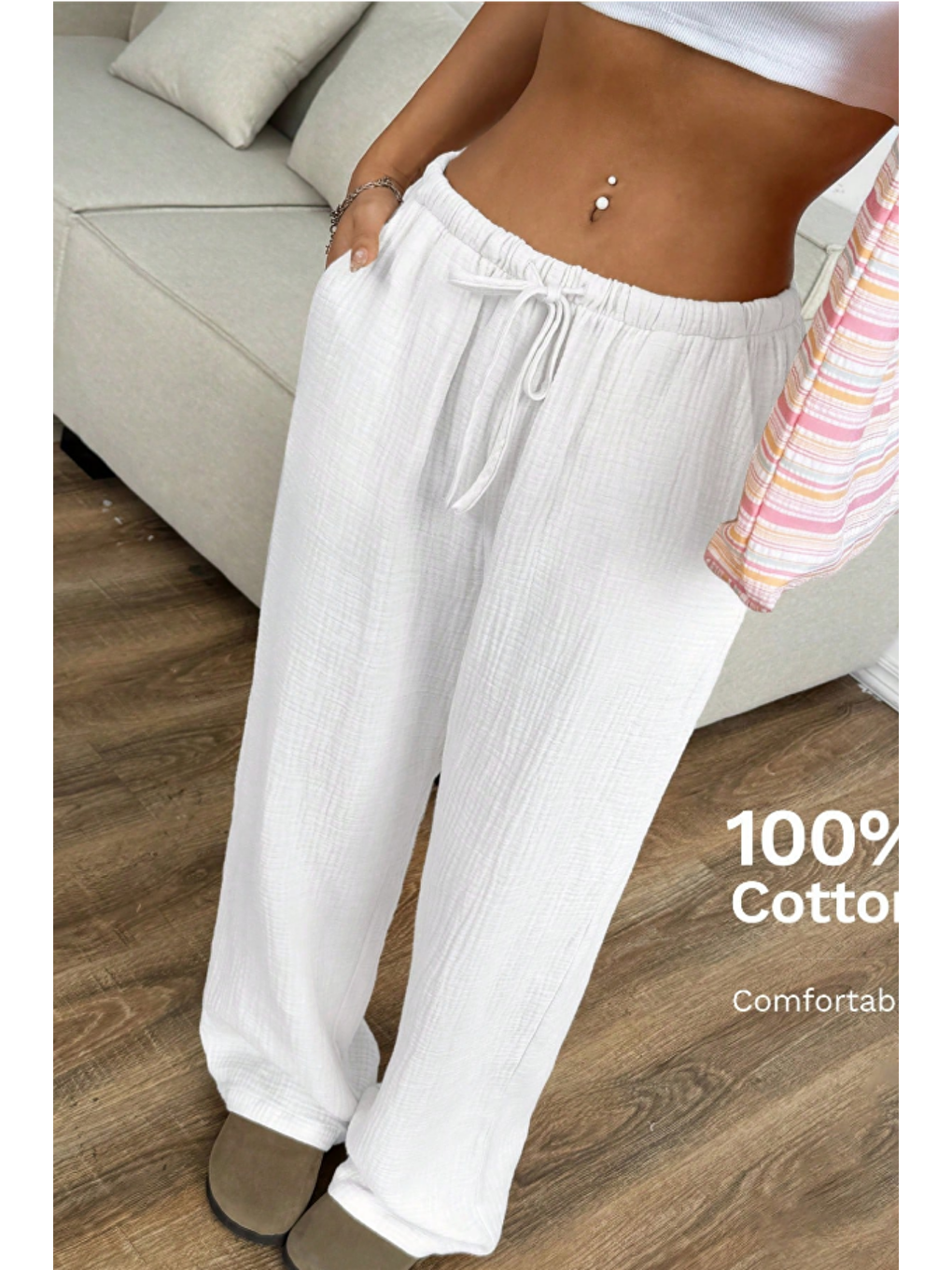 Beyaz Bol Paça Müslin Kadın Pantolon