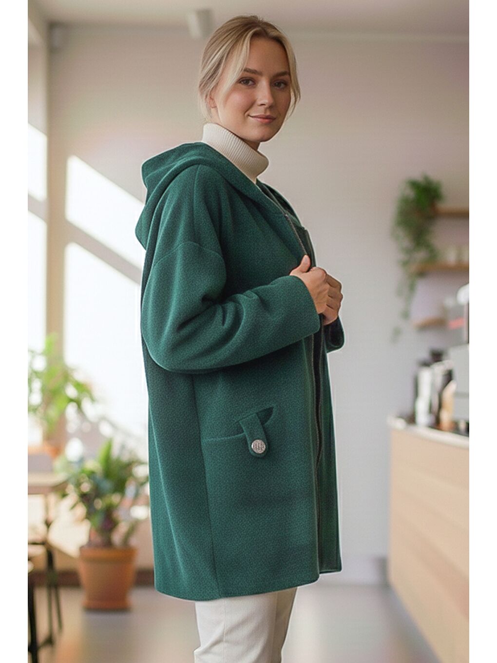 İtalyan Yeşil Kapüşonlu Uzun Kol Fermuarlı Cepli Casual Kadife Oversize Dokuma Ceket 0 0-4