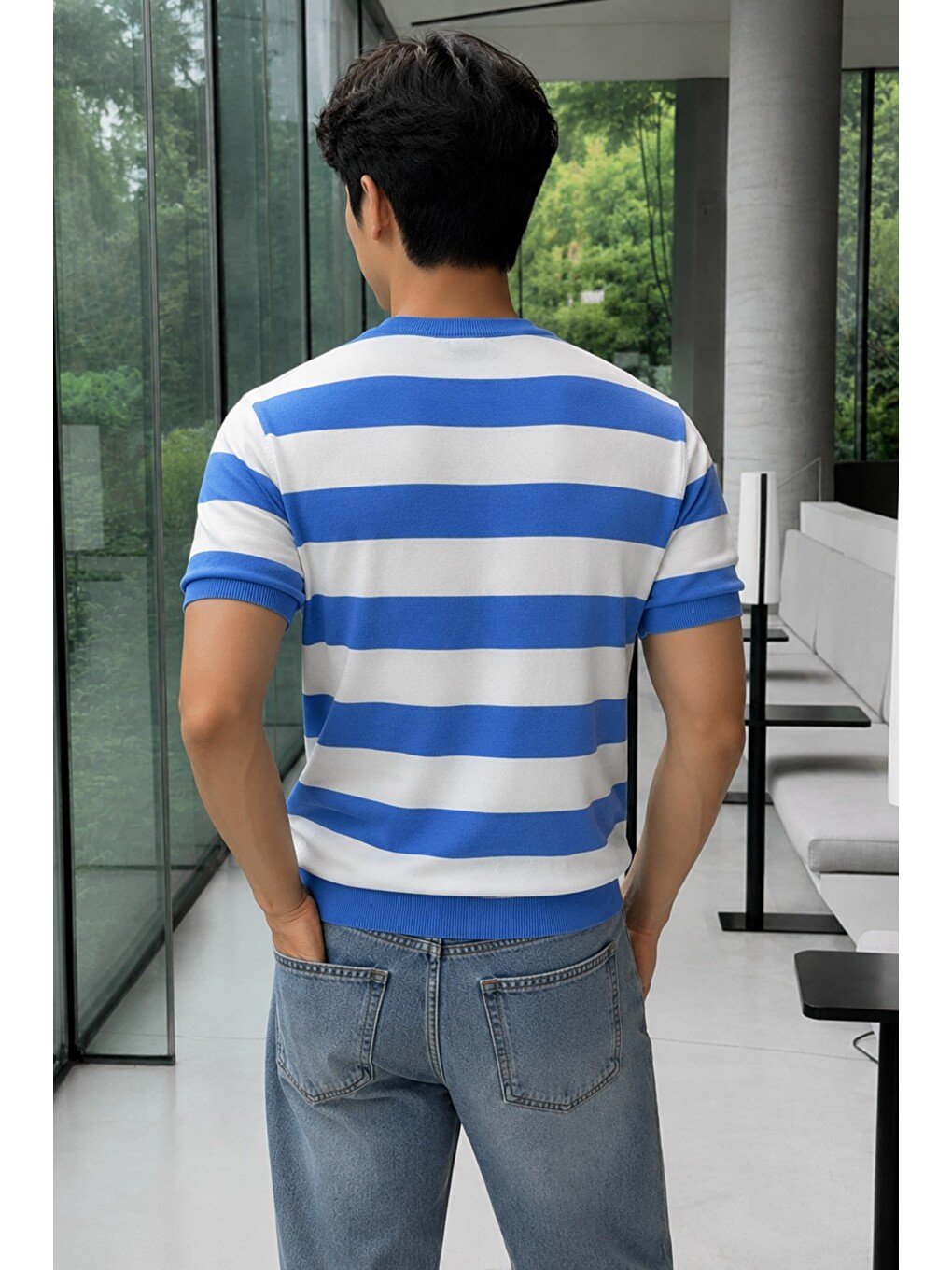 Mavi Erkek Çizgili Triko Tişört Bisiklet Yaka Slim Fit Yazlık İnce Dokulu-2