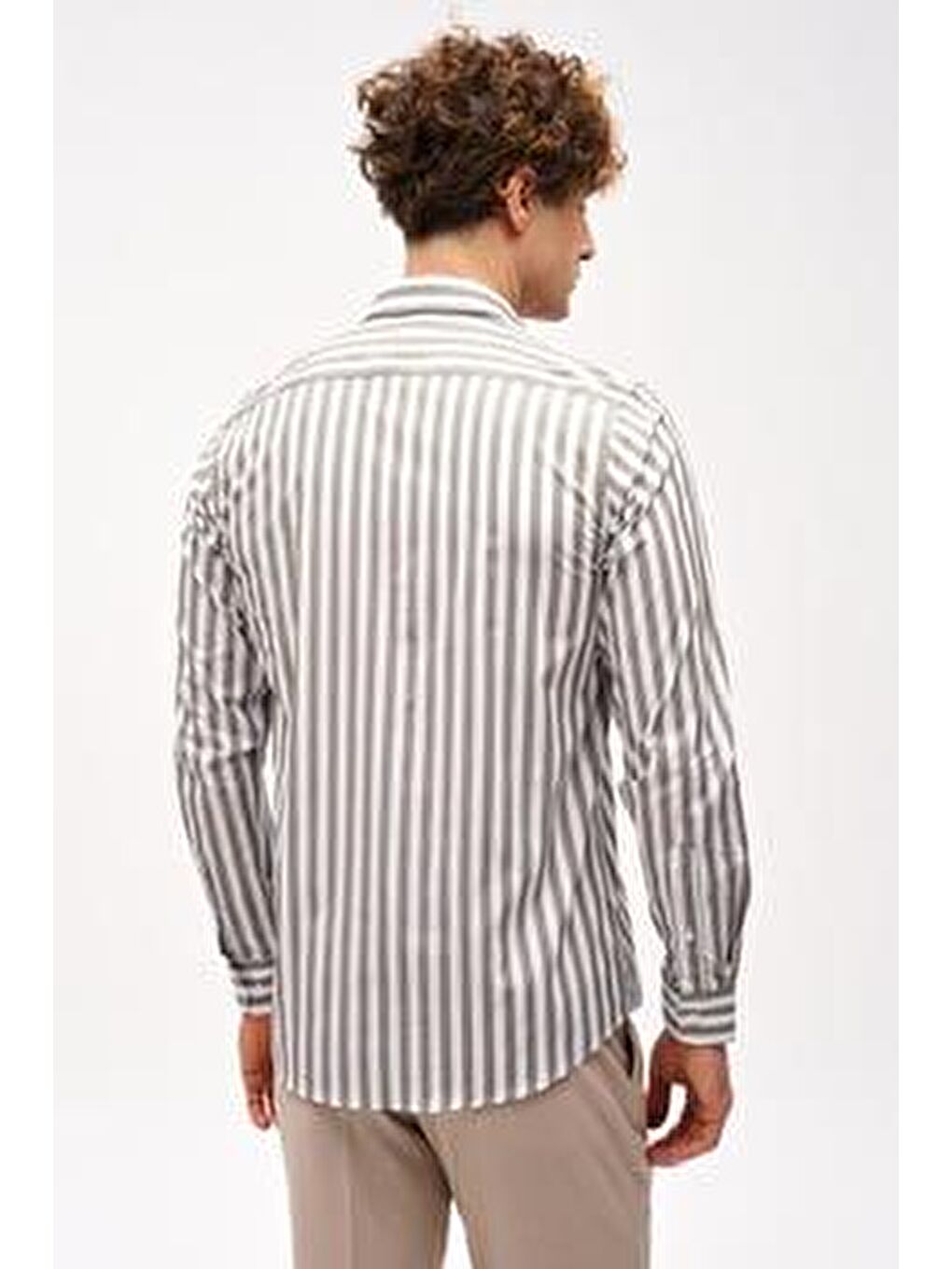 Haki Dynamic Fit Düğmeli Yaka Çizgili Uzun Kollu Cepsiz %100 Pamuk Gömlek-4