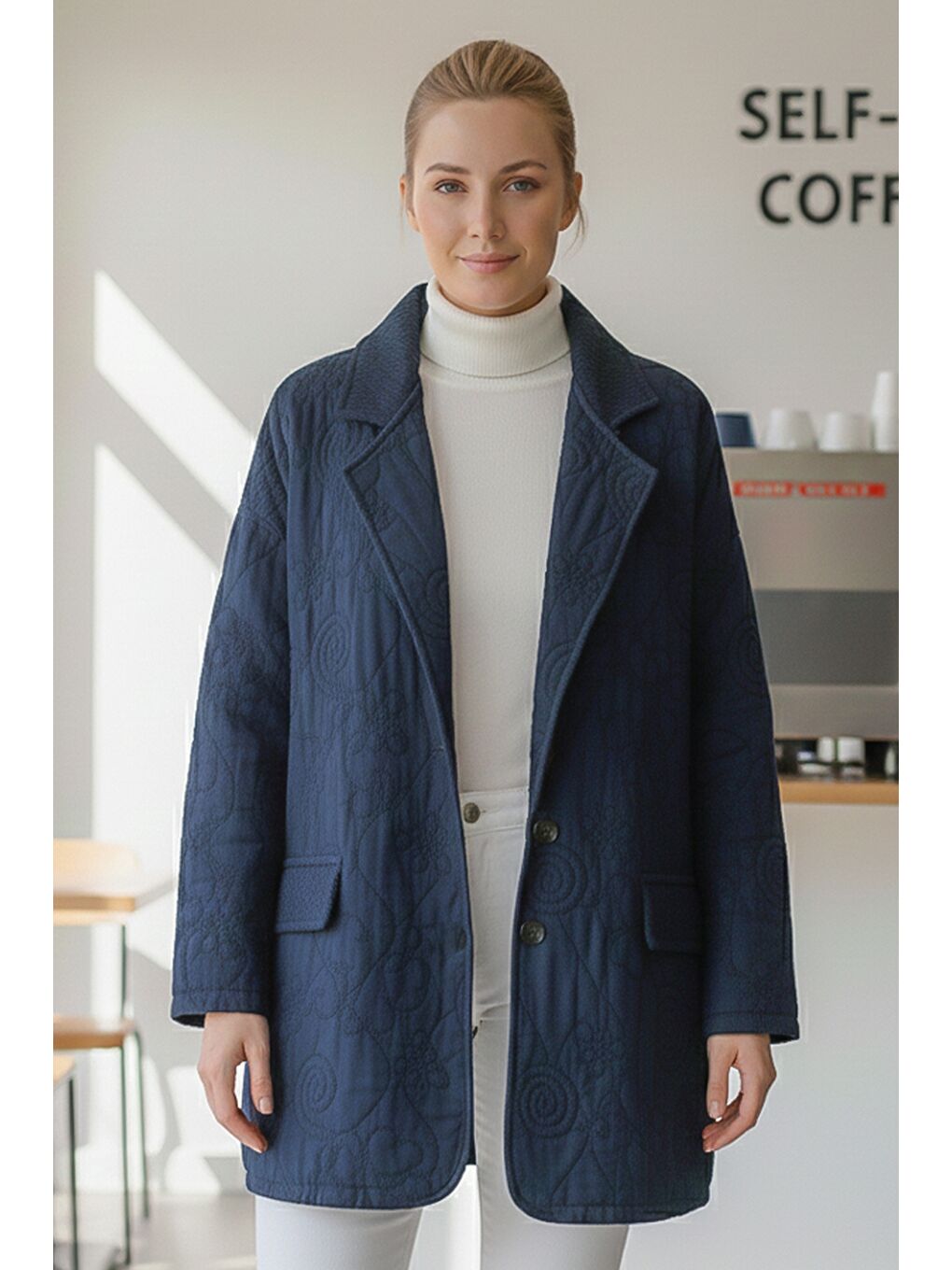 İtalyan Koyu Mavi Ceket Yaka Uzun Kol Düğmeli Allover Nakışlı Kapitone Oversize Dokuma Ceket 78 70-2