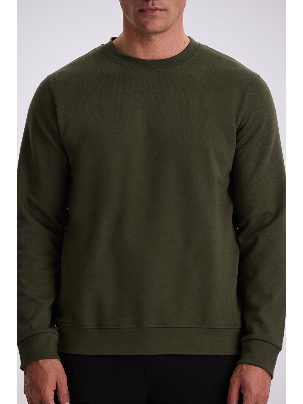 Haki Slim Fit Bisiklet Yaka Basic Pamuklu Elastanlı Sweatshirt-2