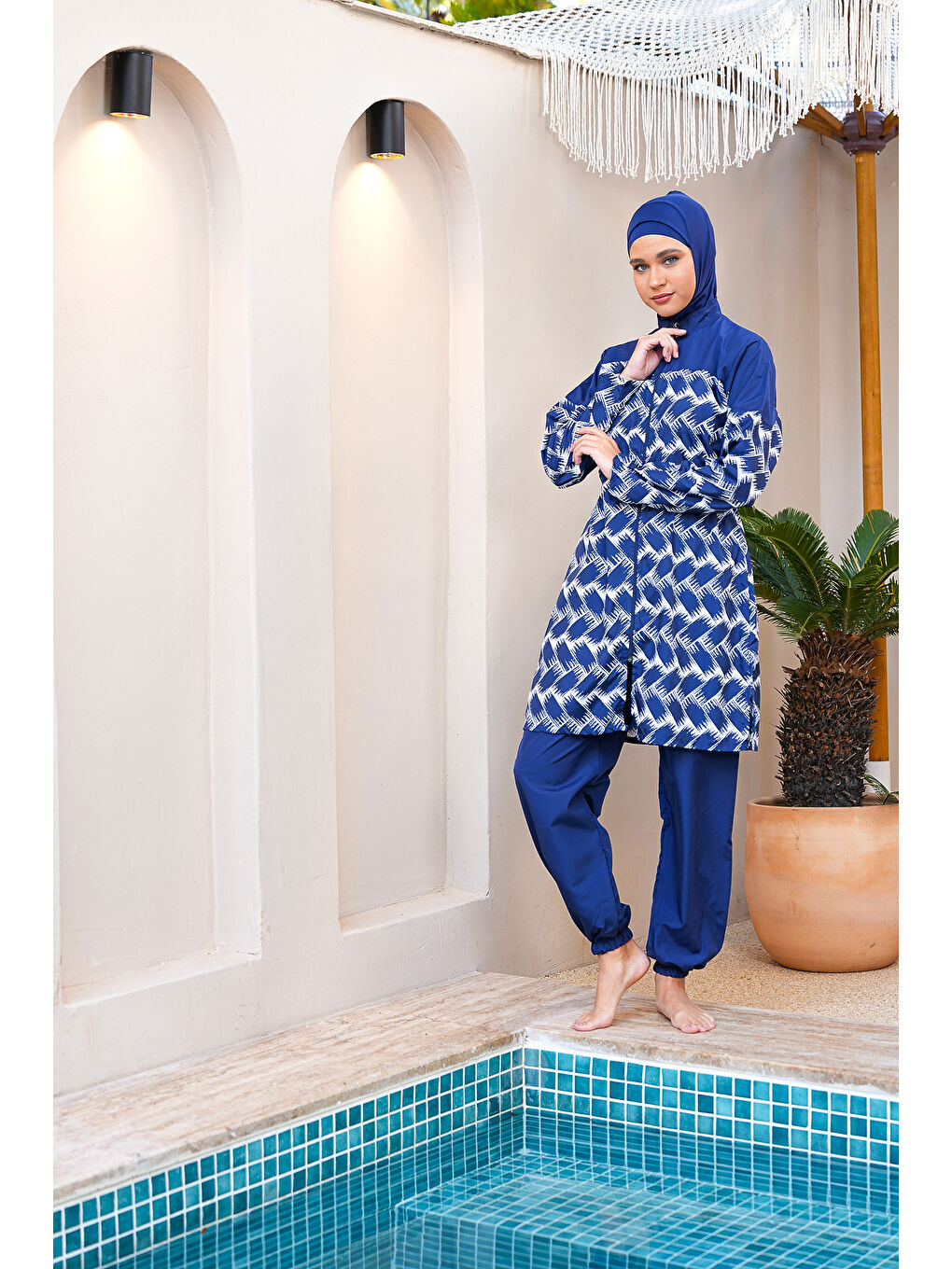 Lacivert Paraşüt Kumaş Boydan Fermuarlı Tam Kapalı Tesettür Mayo 3830-2