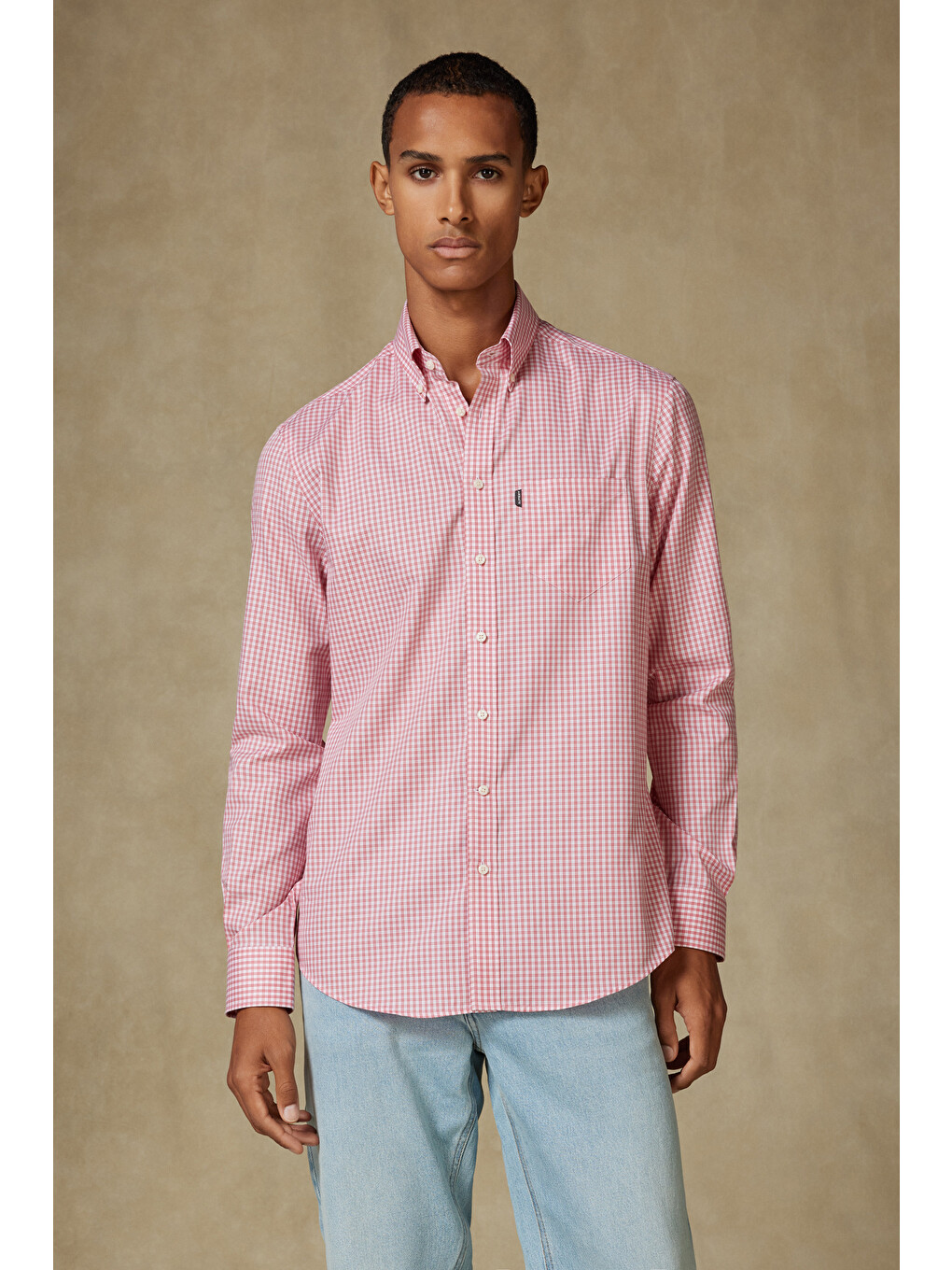 Aldo Poplin Pamuklu Comfort Fit Pembe Düğmeli Yaka Erkek Kareli Gömlek